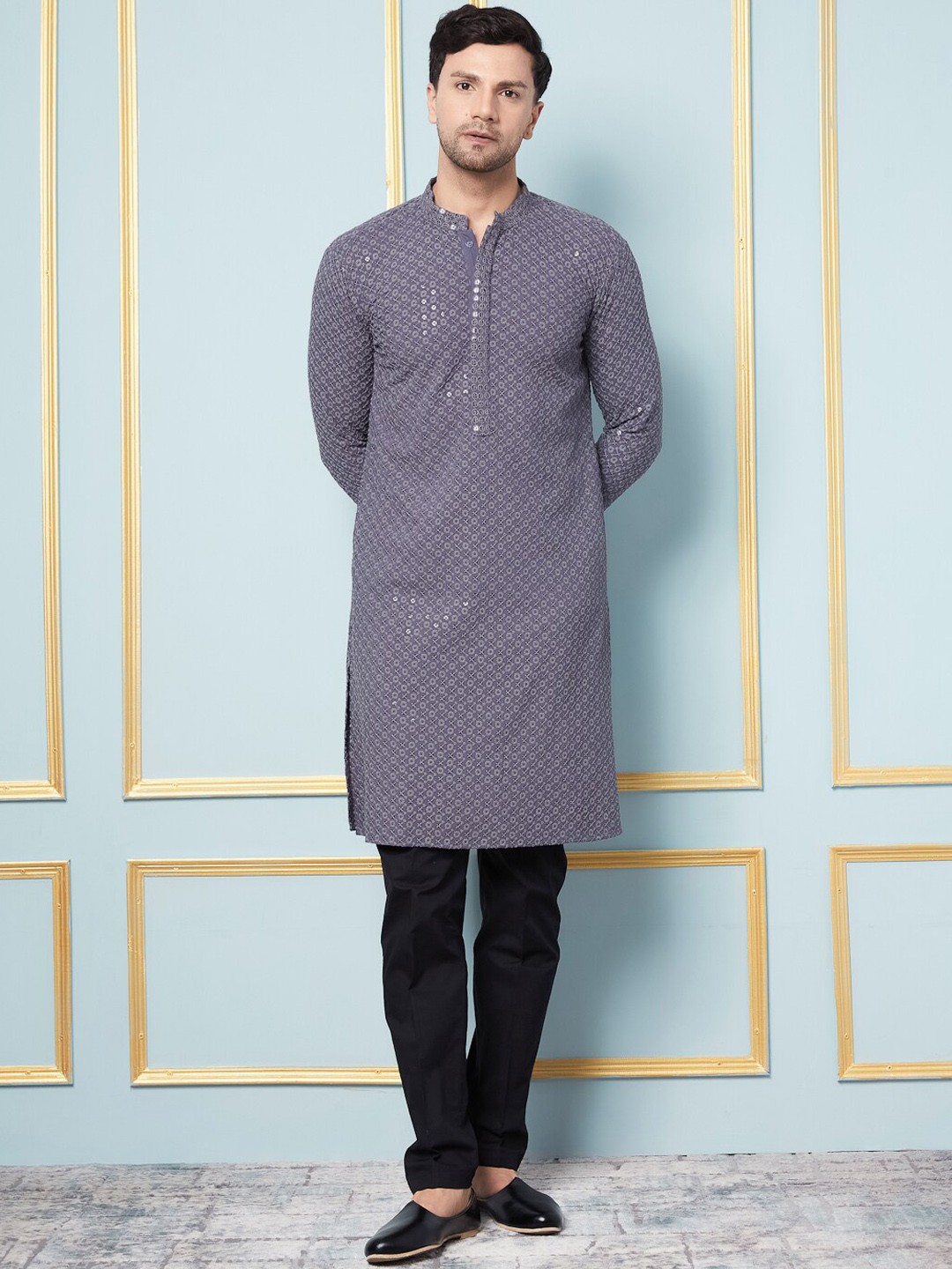 

See Designs Floral Embroidered Mandarin Collar Long Sleeves Sequinned Kurta, Grey