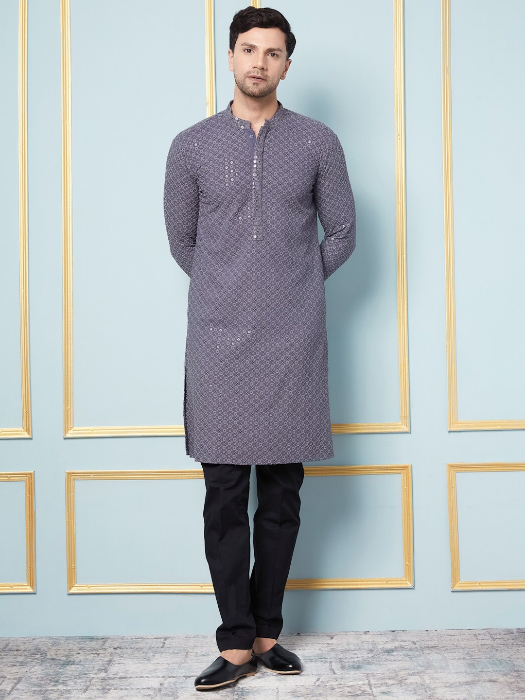 

See Designs Embroidered Regular Sequinned Kurta With Pyjamas, Grey