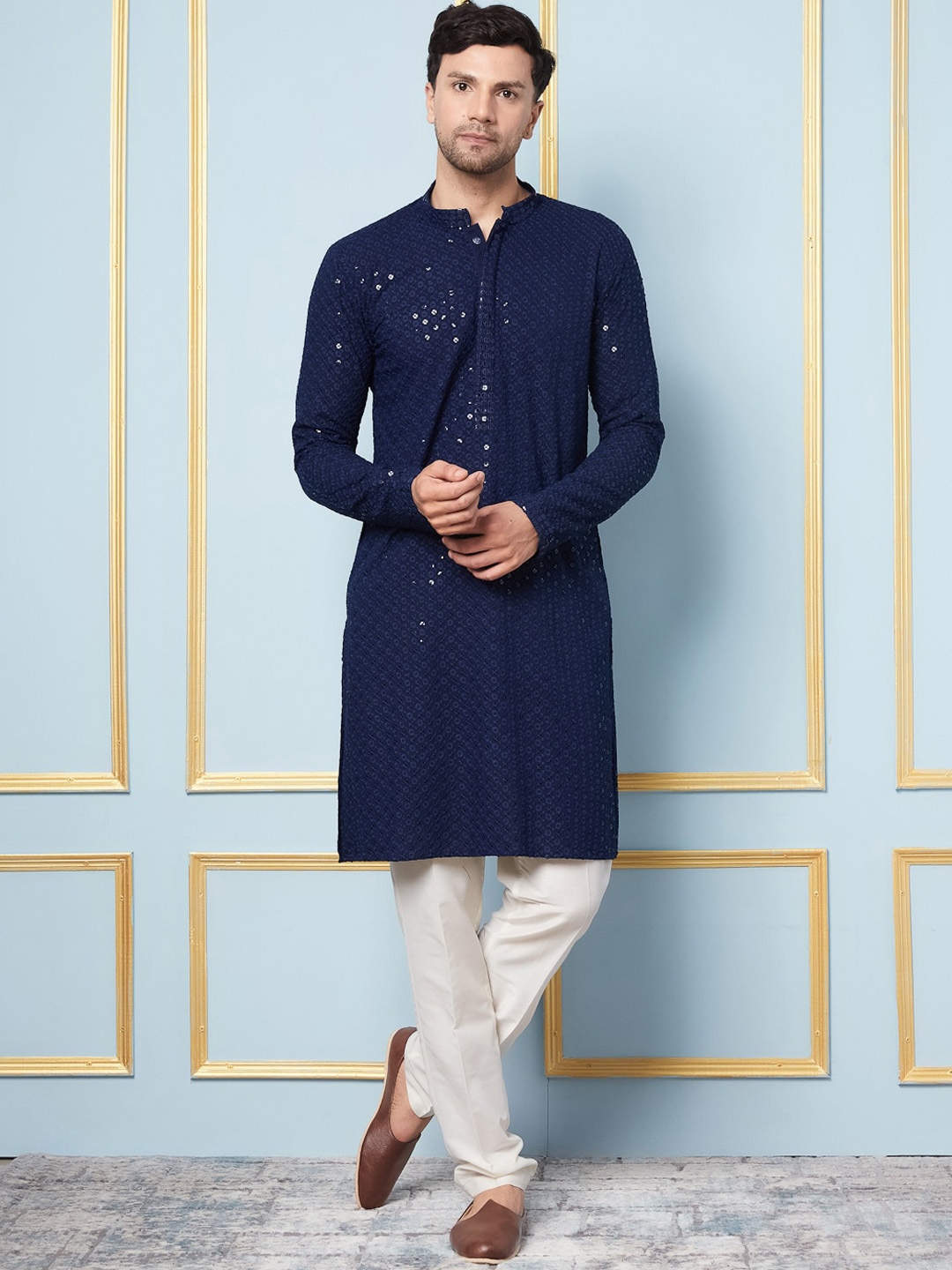 

See Designs Embroidered Sequinned Mandarin Collar Long Sleeves Kurta with Pyjama, Navy blue