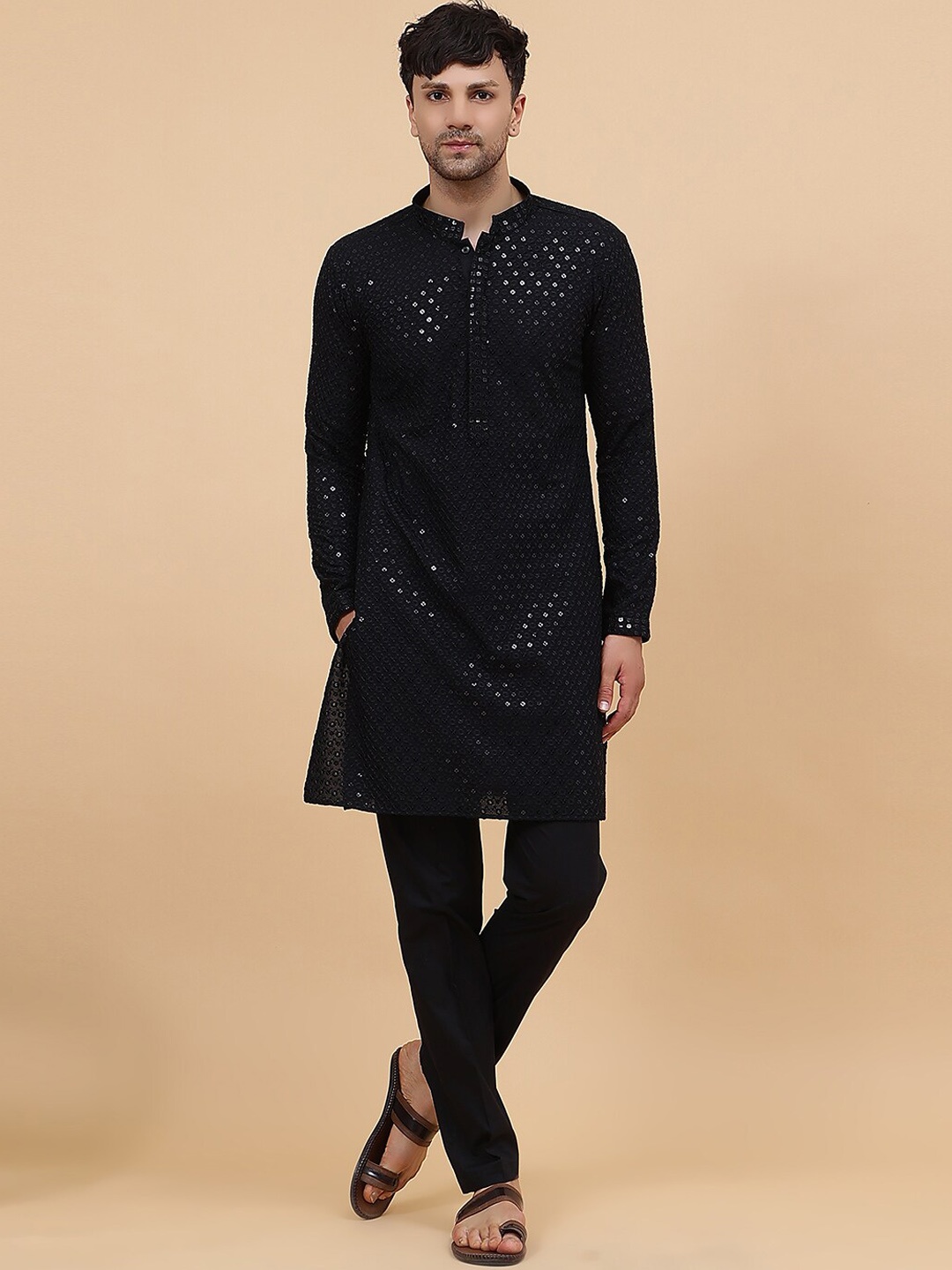 

See Designs Embroidered Sequinned Mandarin Collar Long Sleeves Kurta with Pyjama, Black