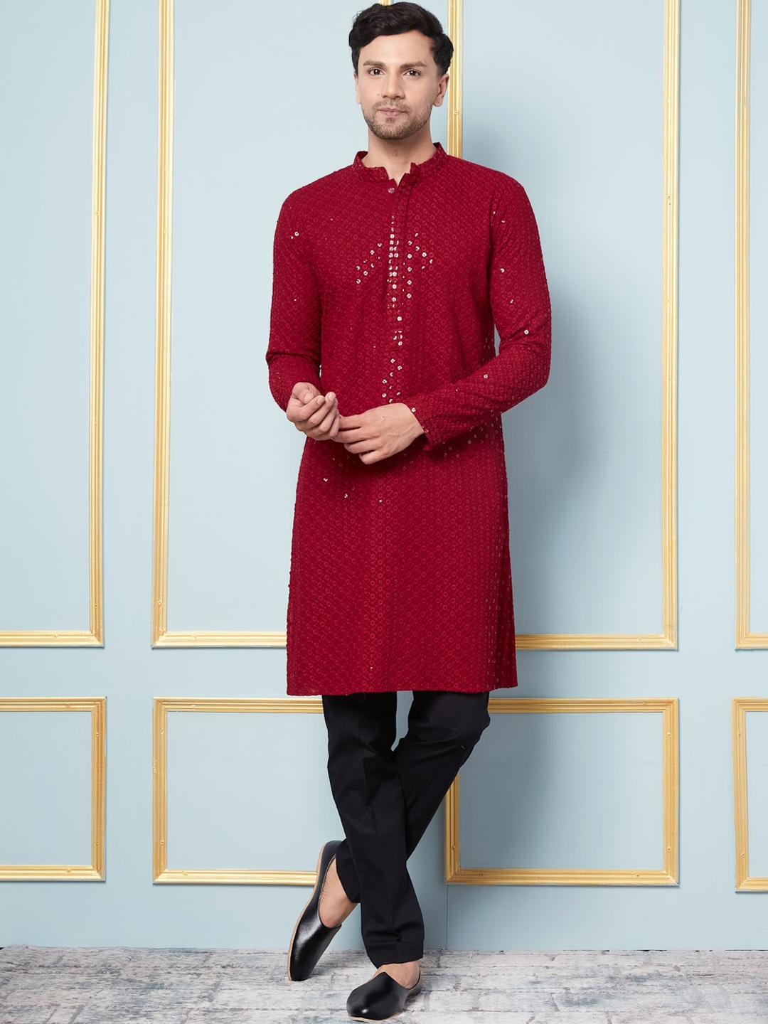 

See Designs Floral Embroidered Mandarin Collar Long Sleeves Sequinned Kurta, Maroon