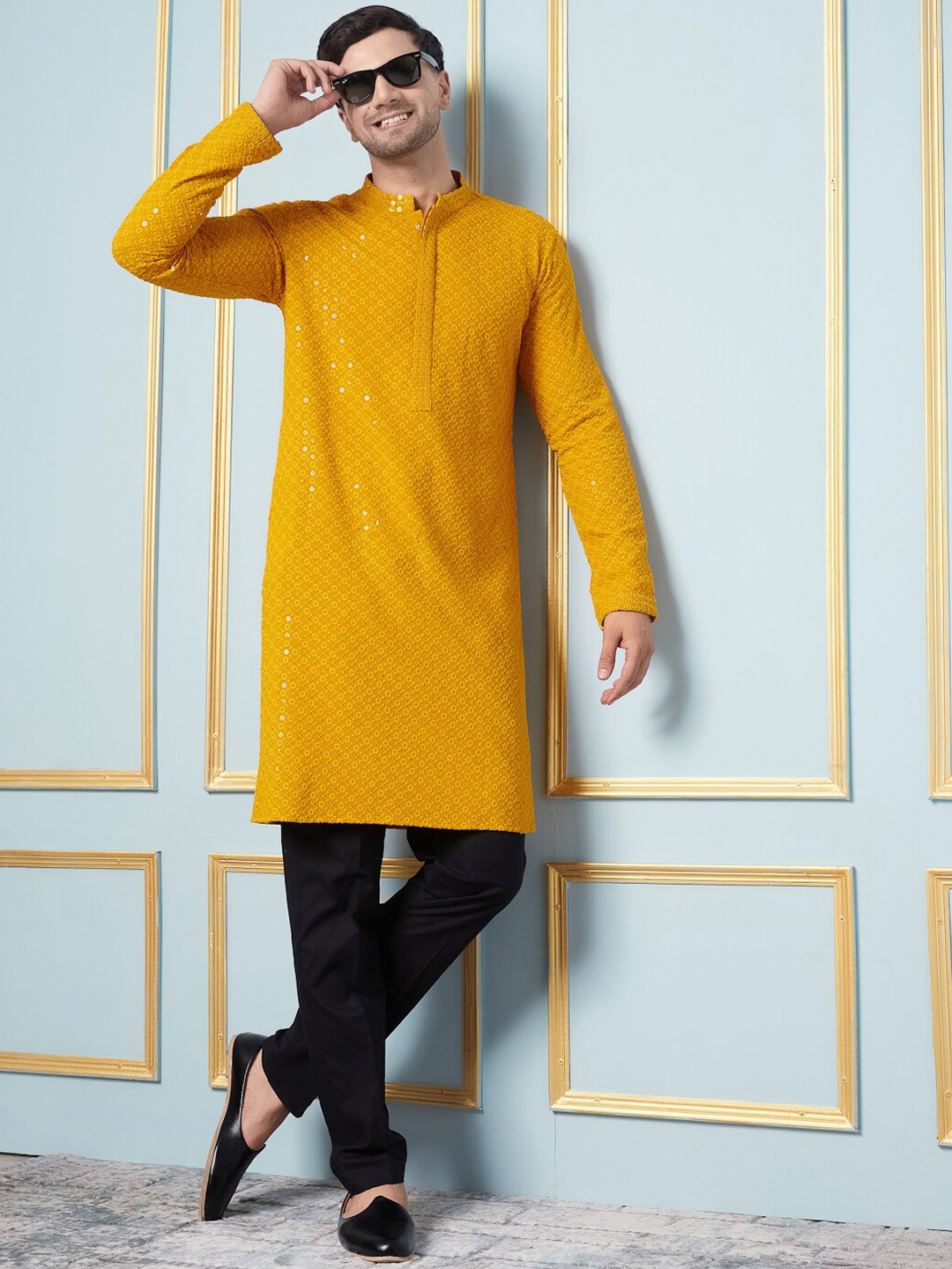 

See Designs Ethnic Motifs Embroidered Regular Sequinned Kurta with Pyjamas, Mustard