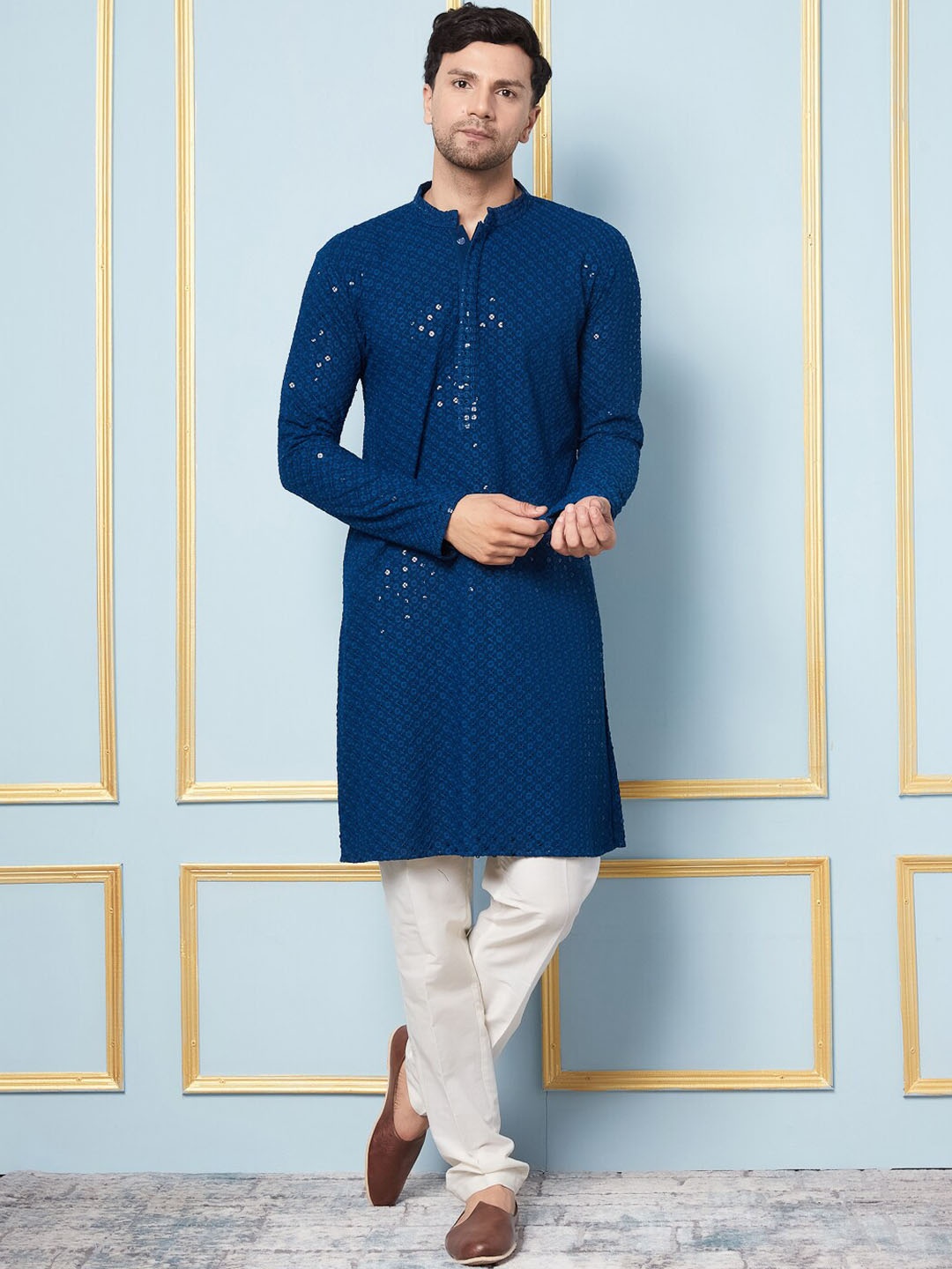 

See Designs Embroidered Sequinned Mandarin Collar Long Sleeves Kurta with Pyjama, Teal