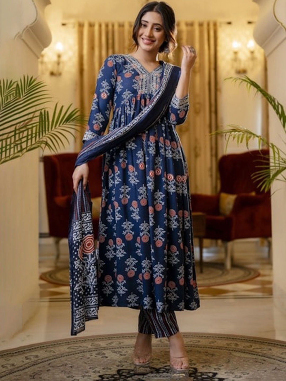 

Mialo fashion Floral Printed V-Neck A-Line Kurta With Palazzos & Dupatta, Blue