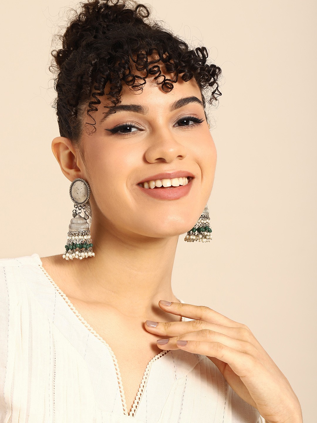 

Sangria Silver-Plated Teardrop Shaped Jhumkas Earrings, Multi