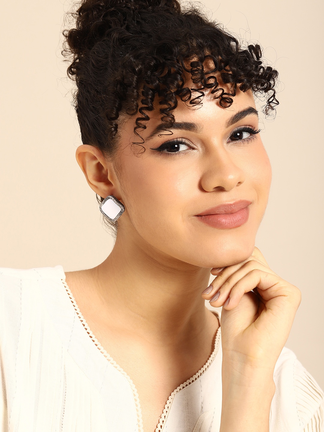 

Sangria Silver-Plated Geometric Studs Earrings, White
