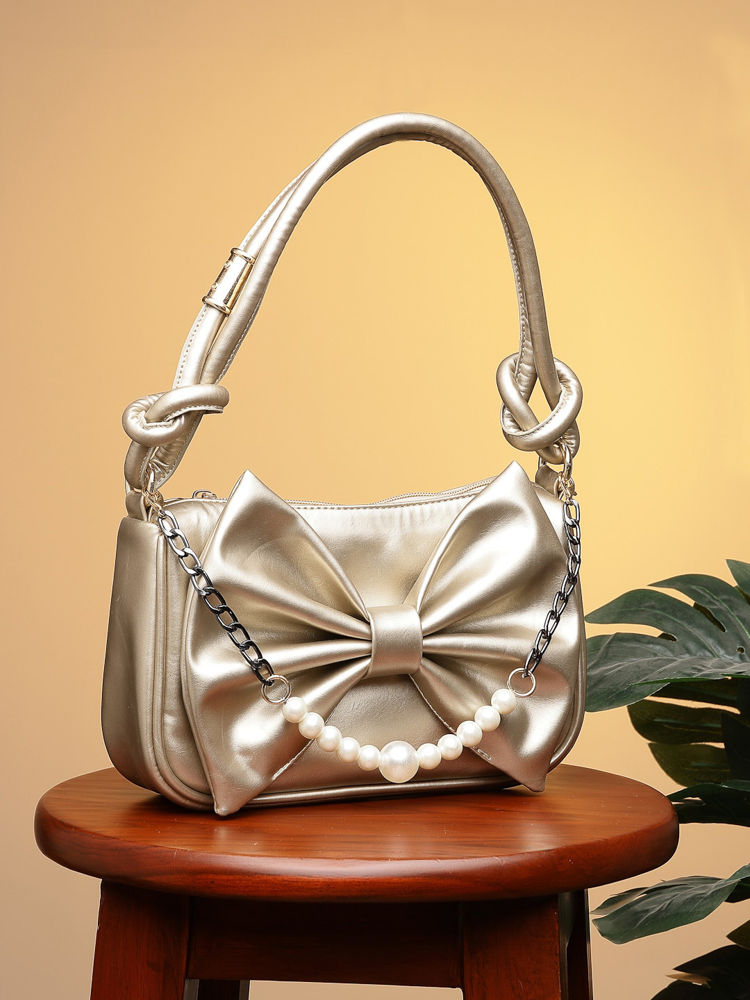 

DressBerry Gold Embellished Bow Detail Handheld Bag