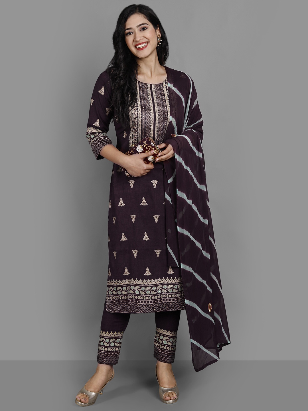 

Ziva Fashion Women Ethnic Motifs Printed Regular Kurta with Trousers & With Dupatta, Burgundy