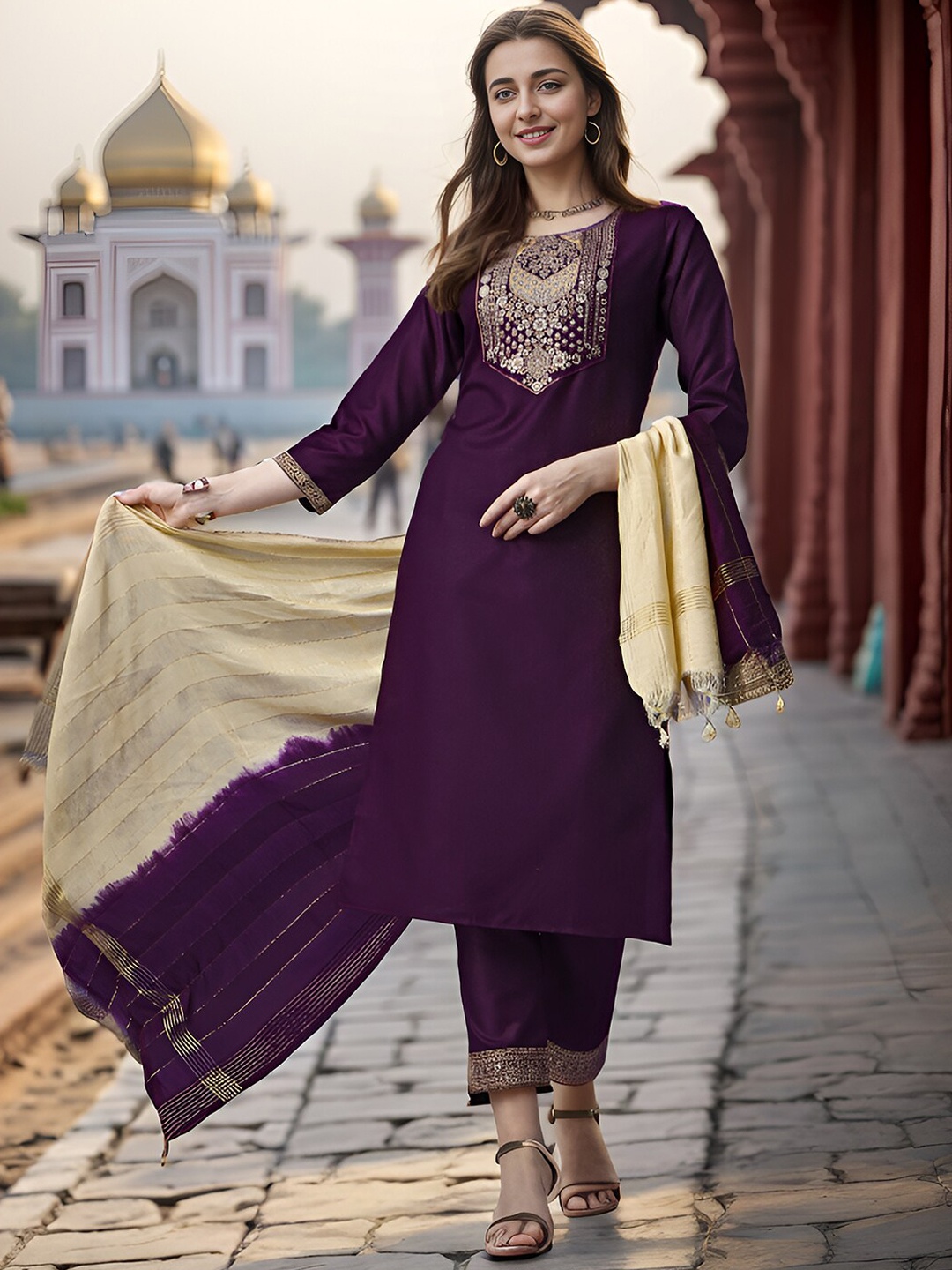 

Ziva Fashion Floral Yoke Design Thread Work Kurta With Trousers & Dupatta, Purple