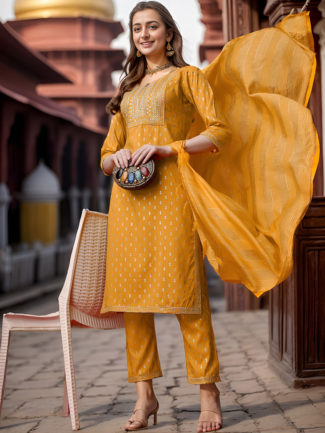 

Ziva Fashion Ethnic Motifs Woven Design Thread Work Kurta With Trousers & Dupatta, Yellow
