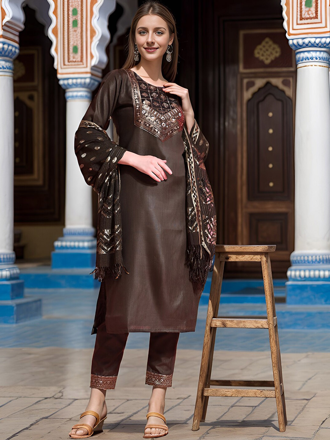 

Ziva Fashion Floral Yoke Design Zari Kurta With Trousers & Dupatta, Olive