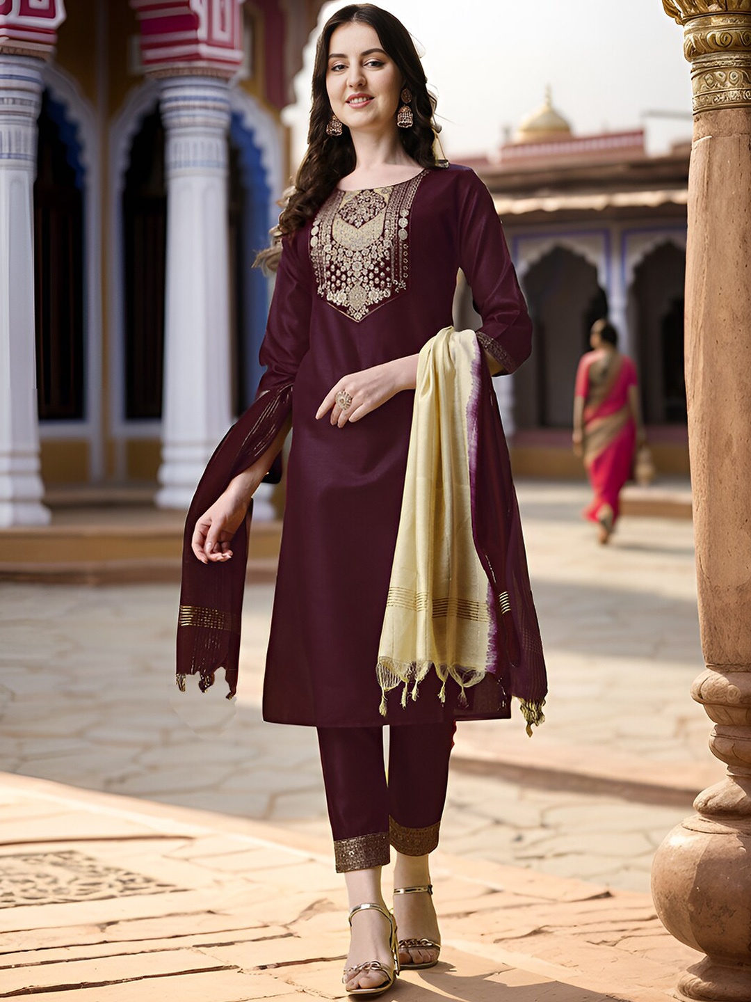 

Ziva Fashion Floral Yoke Design Zari Kurta With Trousers & Dupatta, Maroon