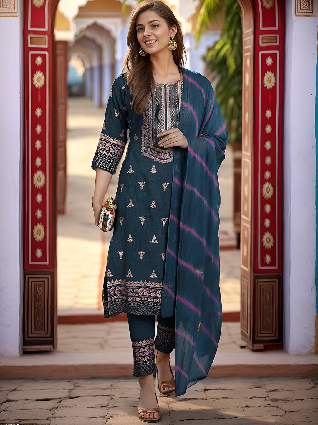 

Ziva Fashion Floral Embroidered Thread Work Kurta With Trousers & Dupatta, Blue