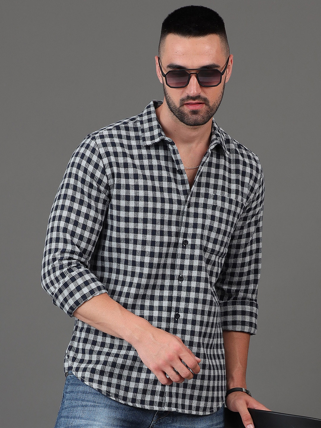 

HERE&NOW Black Slim Fit Micro Checks Opaque Casual Shirt