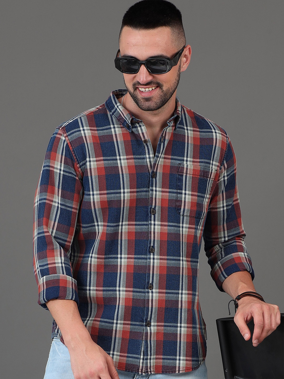

HERE&NOW Slim Fit Checked Long Sleeves Cotton Casual Shirt, Blue