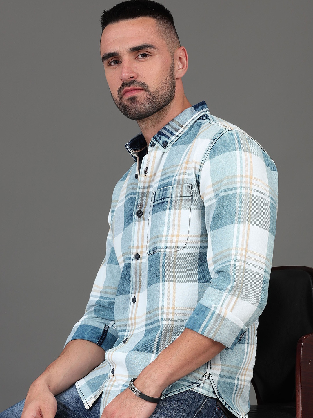 

HERE&NOW Slim Fit Checked Long Sleeves Cotton Casual Shirt, Blue