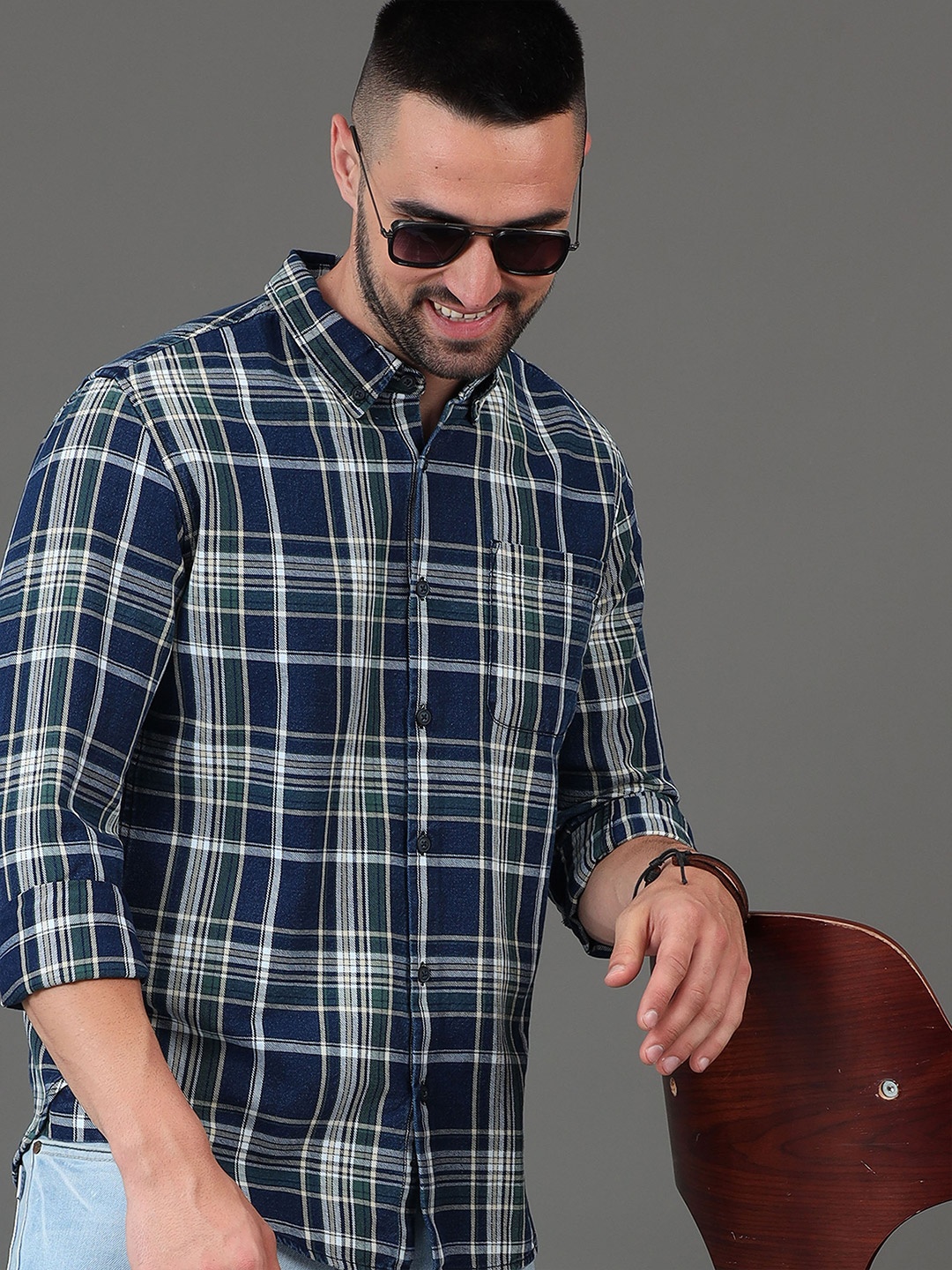 

HERE&NOW Slim Fit Checked Long Sleeves Cotton Casual Shirt, Blue