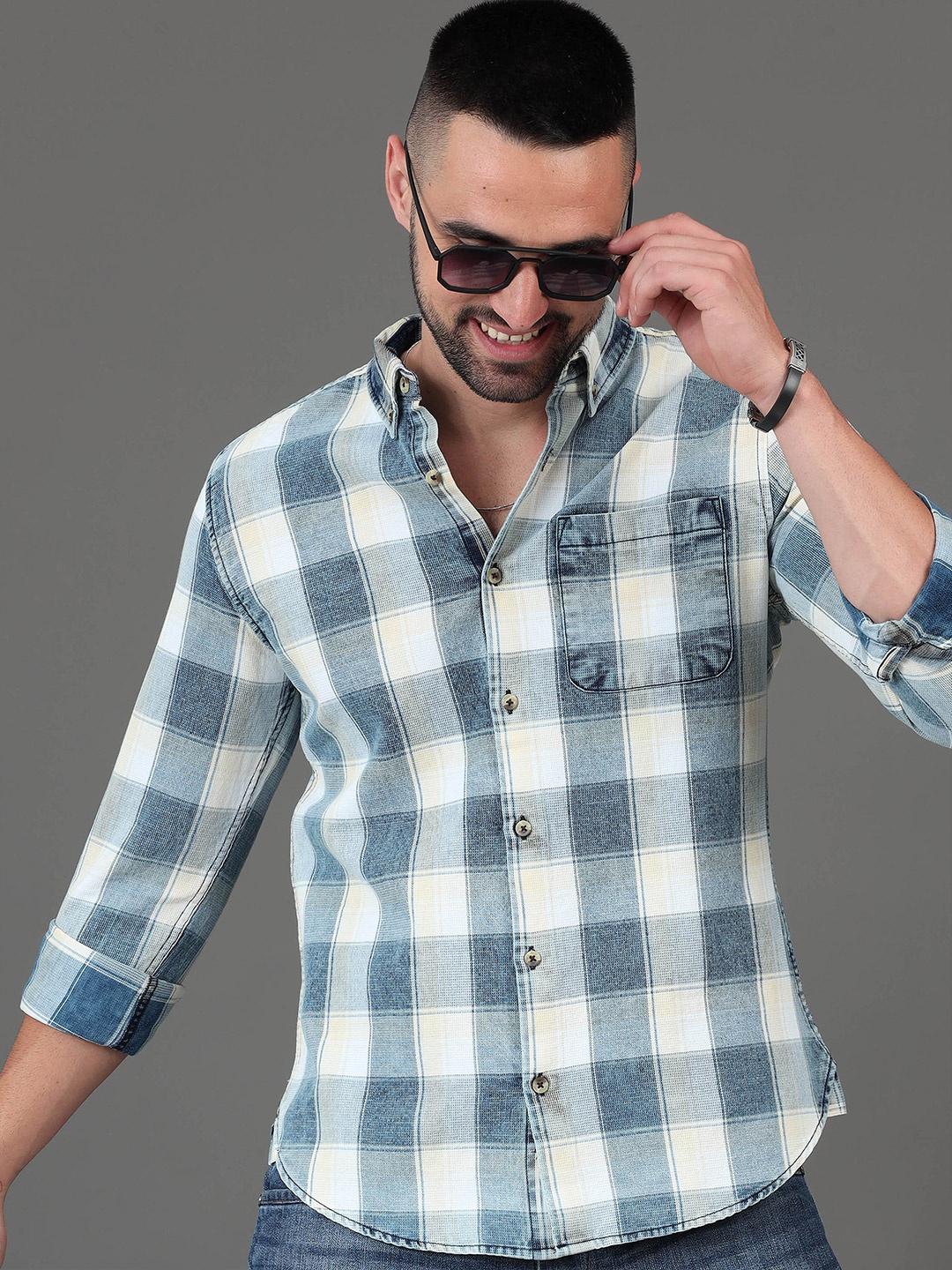

HERE&NOW Blue Slim Fit Tartan Checks Opaque Cotton Casual Shirt
