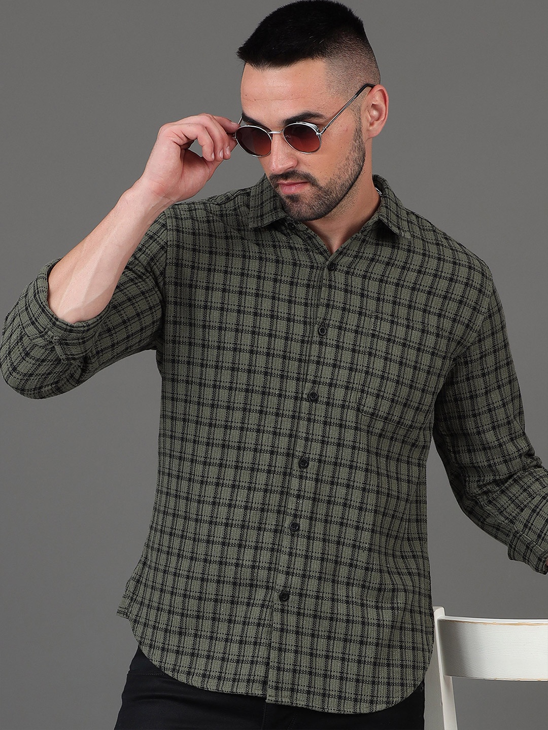 

HERE&NOW Green Slim Fit Micro Checks Opaque Casual Shirt