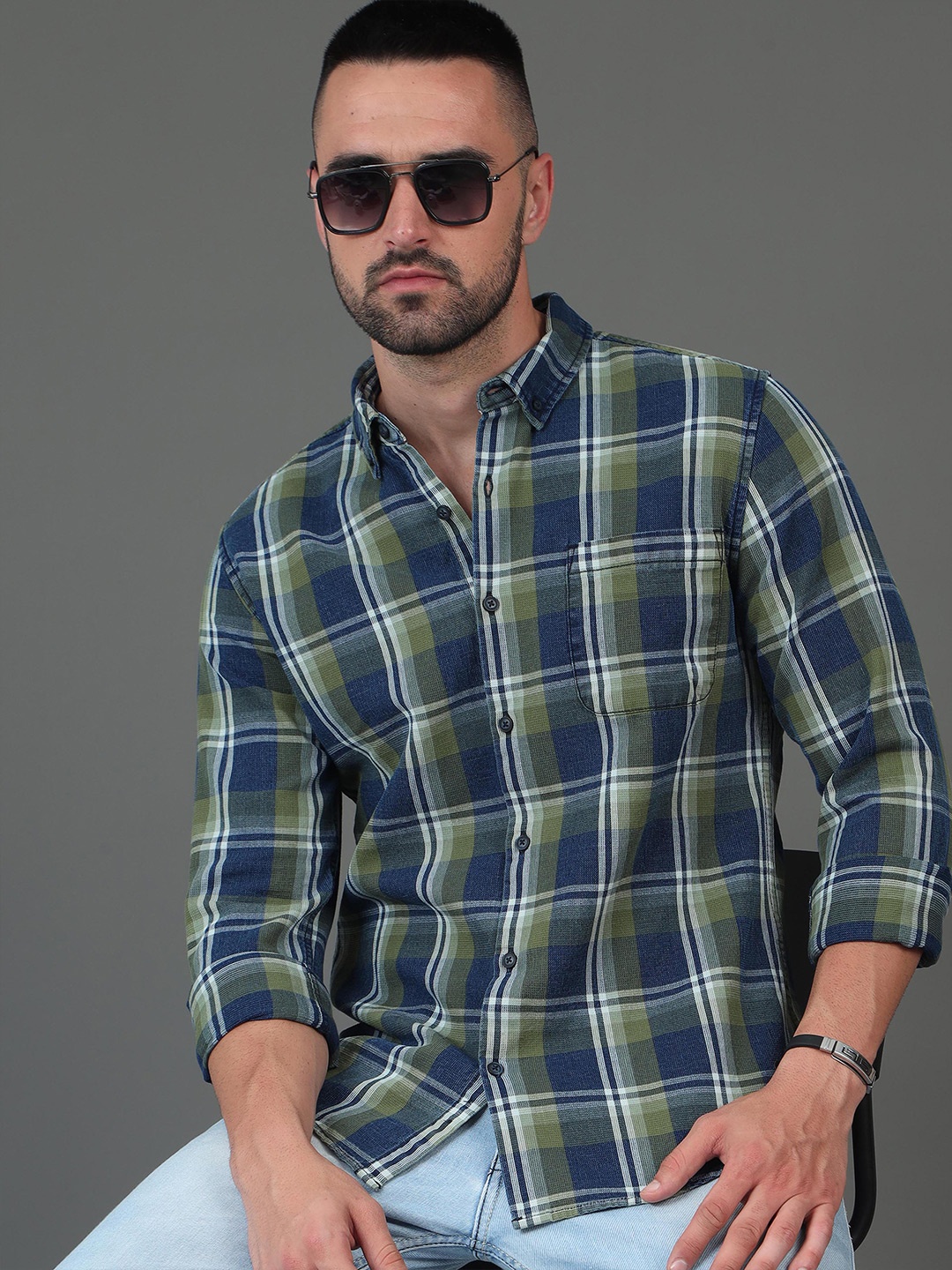 

HERE&NOW Checked Spread Collar Cotton Slim Fit Casual Shirt, Blue