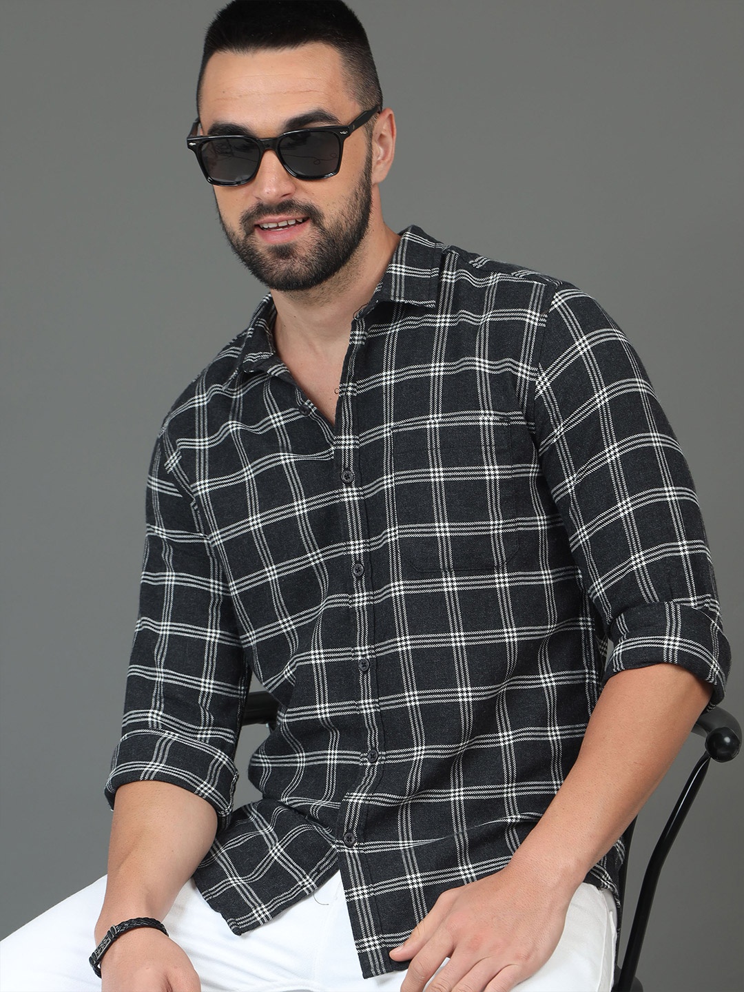 

HERE&NOW Checked Spread Collar Cotton Slim Fit Casual Shirt, Black