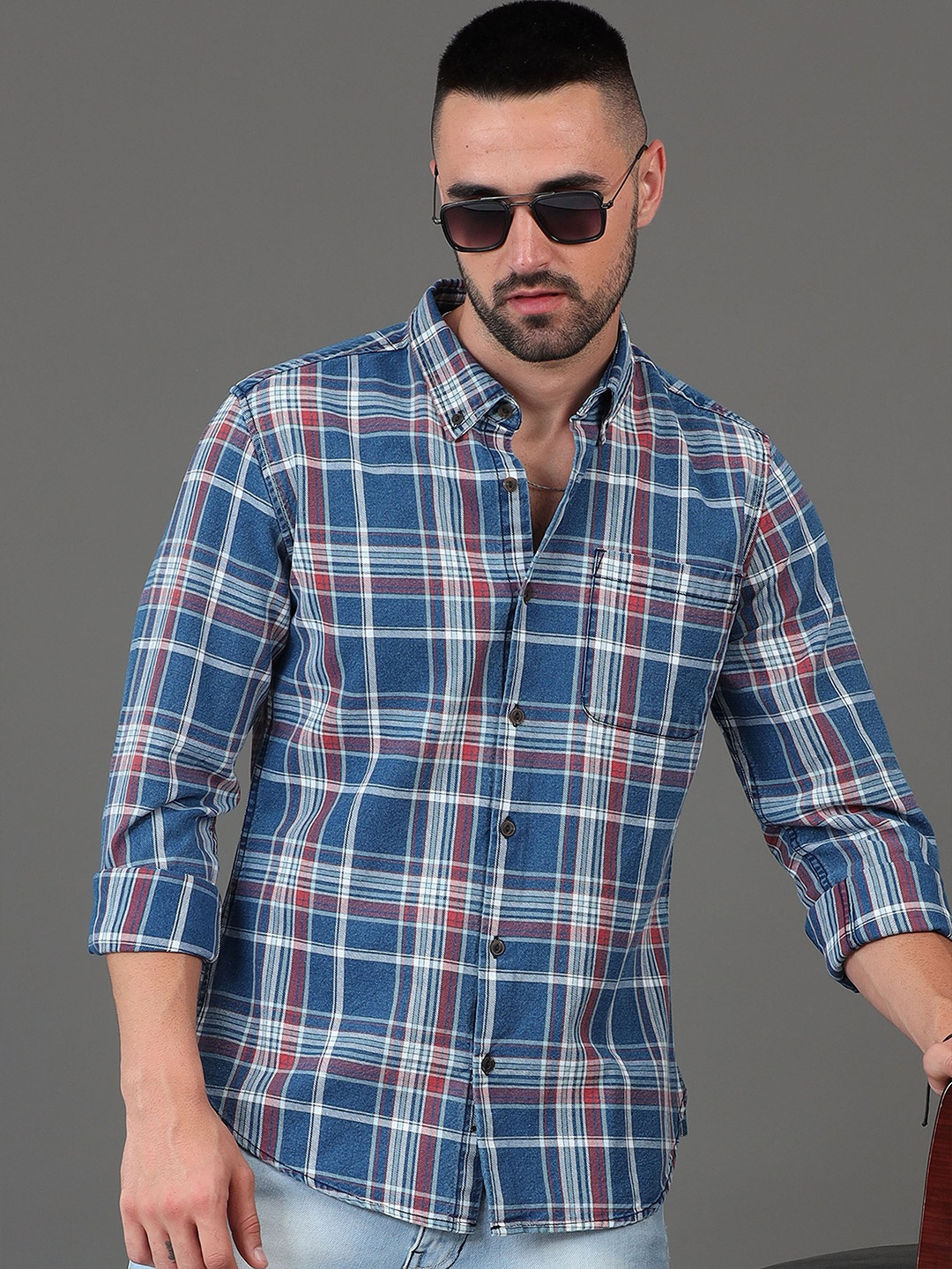 

HERE&NOW Blue Slim Fit Checked Opaque Cotton Casual Shirt