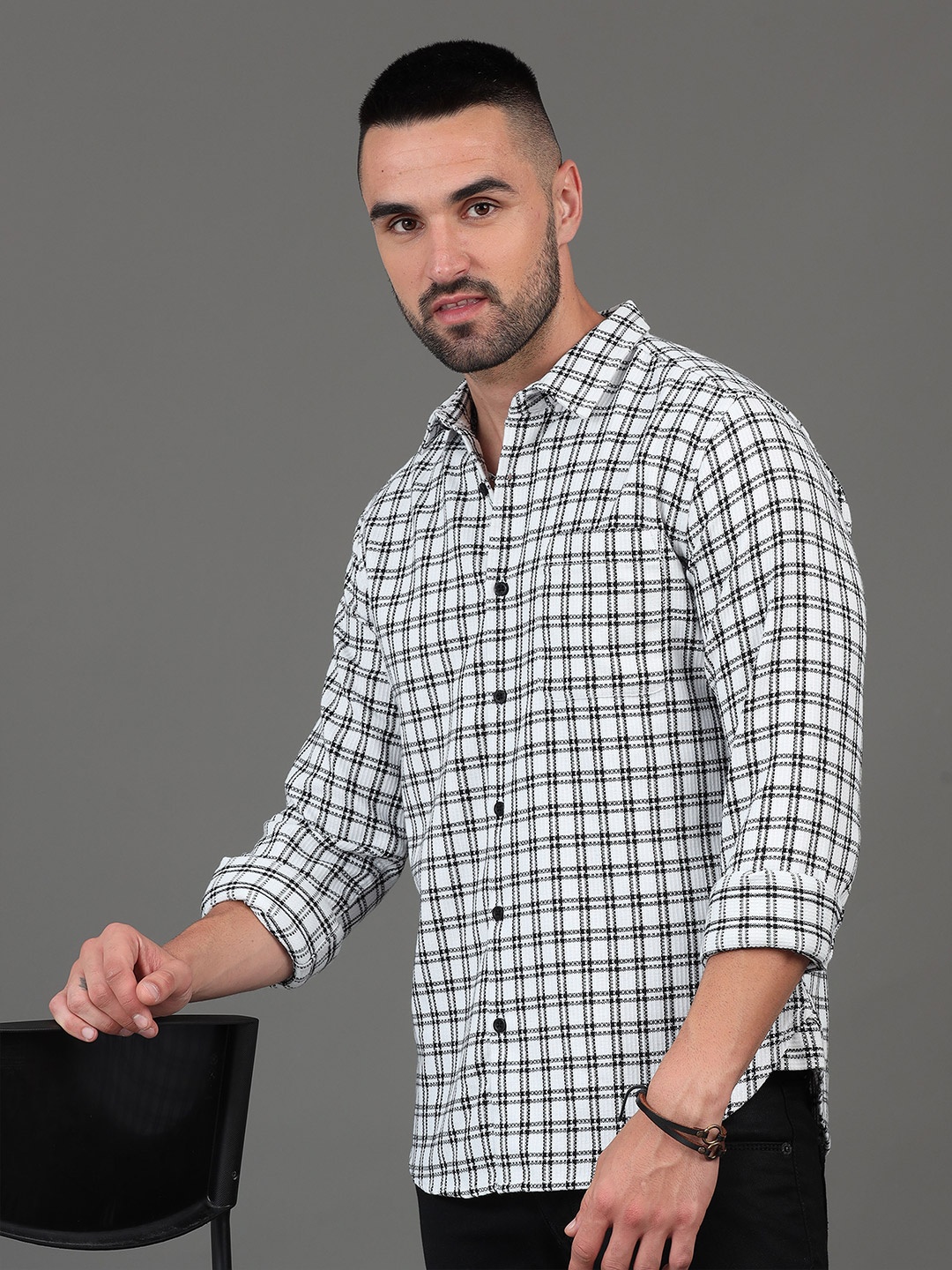 

HERE&NOW Checked Spread Collar Cotton Slim Fit Casual Shirt, Grey