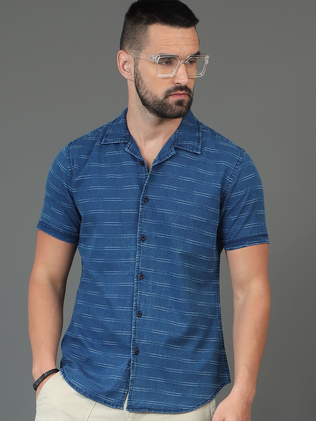 

HERE&NOW Blue Slim Fit Horizontal Stripes Opaque Cotton Casual Shirt