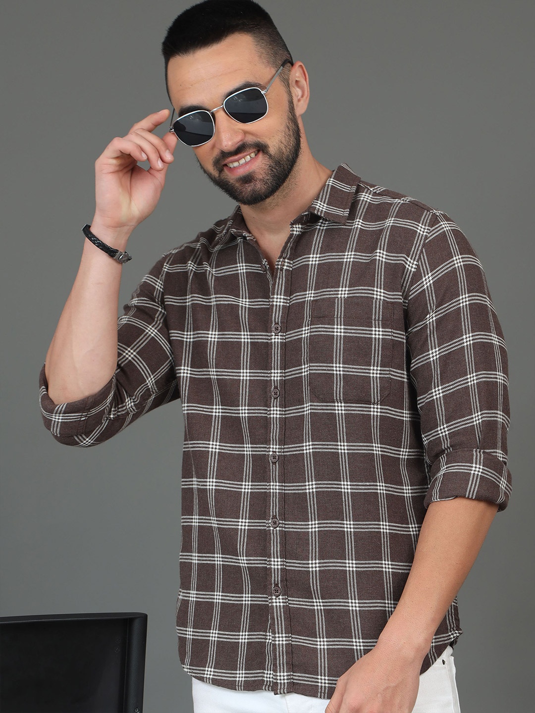

HERE&NOW Slim Fit Checked Long Sleeves Cotton Casual Shirt, Green