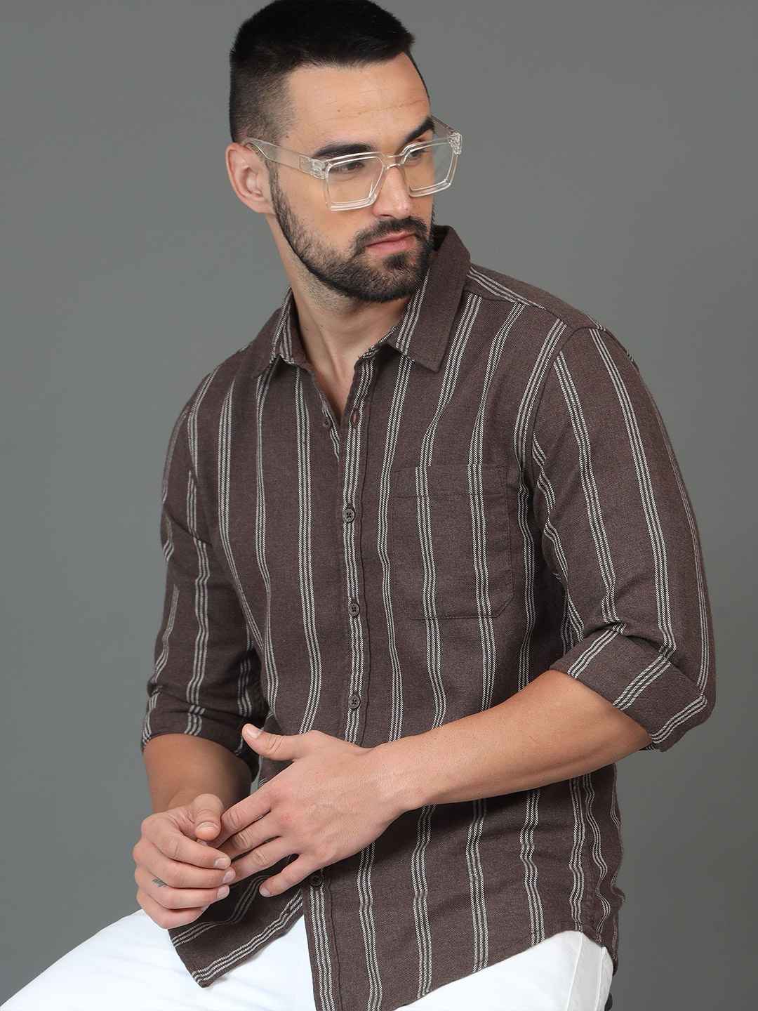 

HERE&NOW Slim Fit Striped Long Sleeves Cotton Casual Shirt, Green