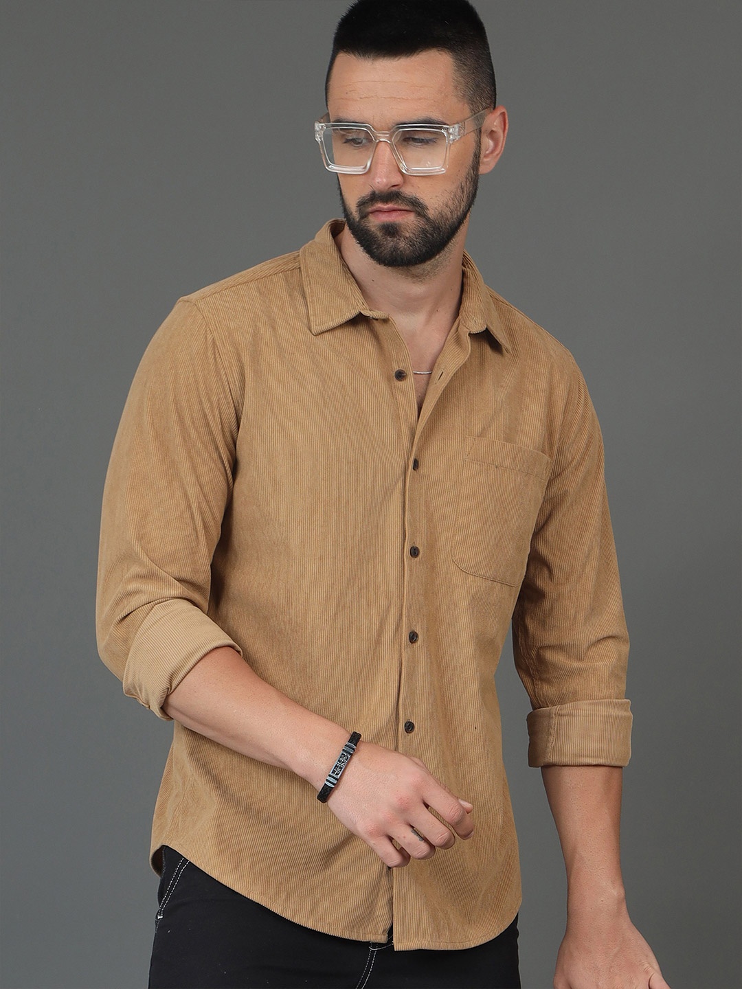 

HERE&NOW Slim Fit Long Sleeves Spread Collar Casual Shirt, Khaki