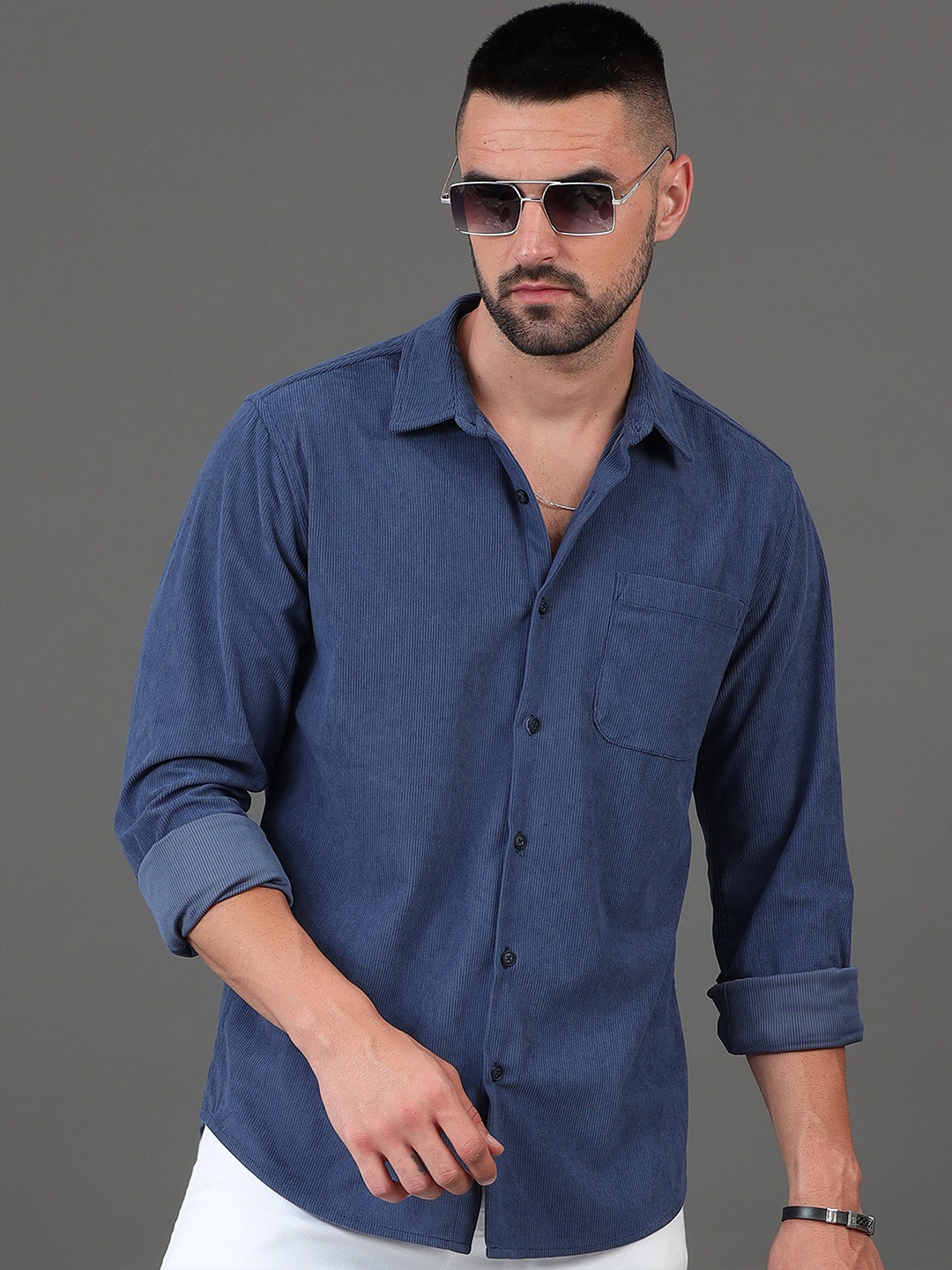 

HERE&NOW Slim Fit Long Sleeves Spread Collar Casual Shirt, Blue