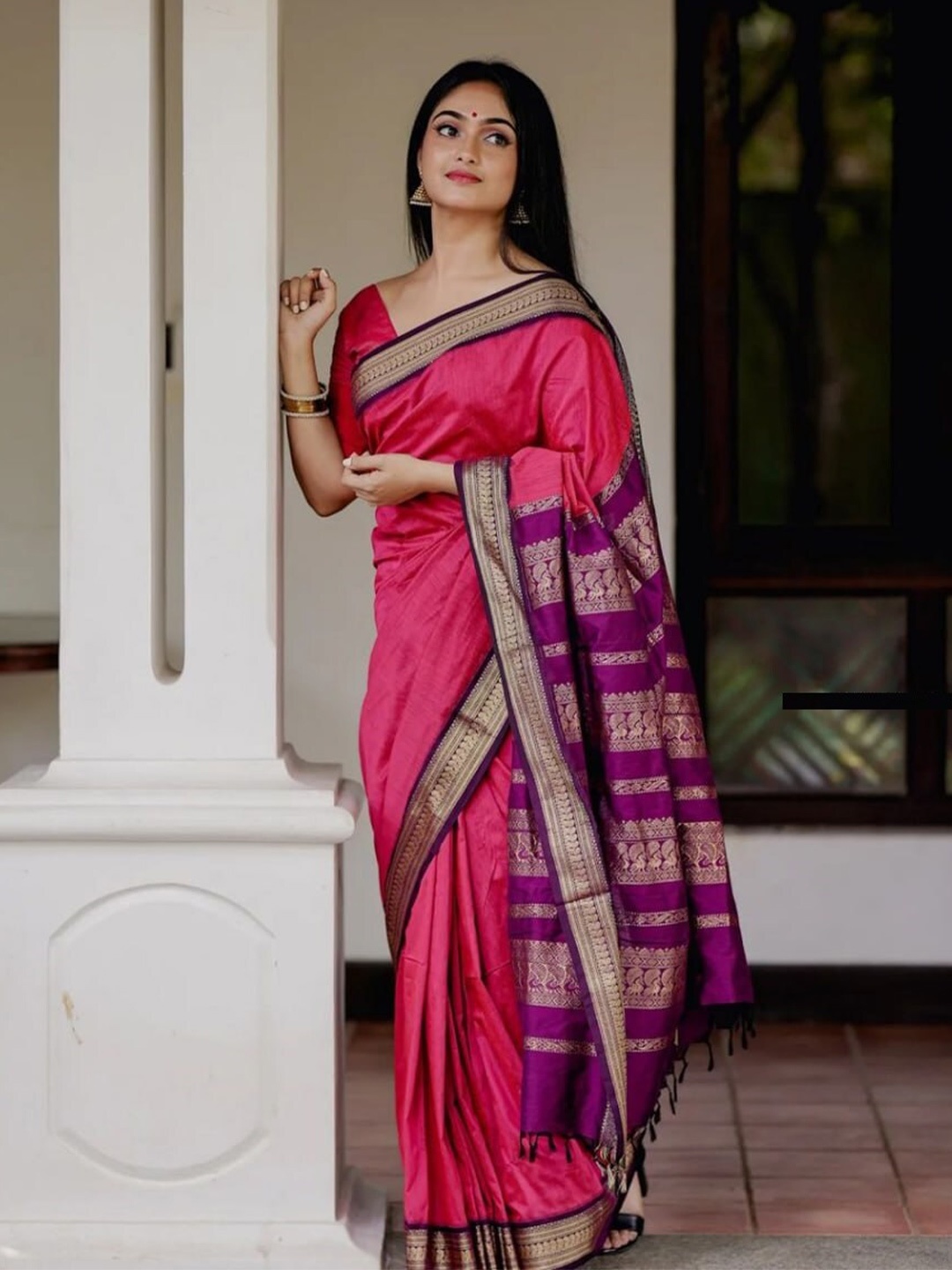 

bansari textiles Zari Pure Silk Kanjeevaram Saree, Pink