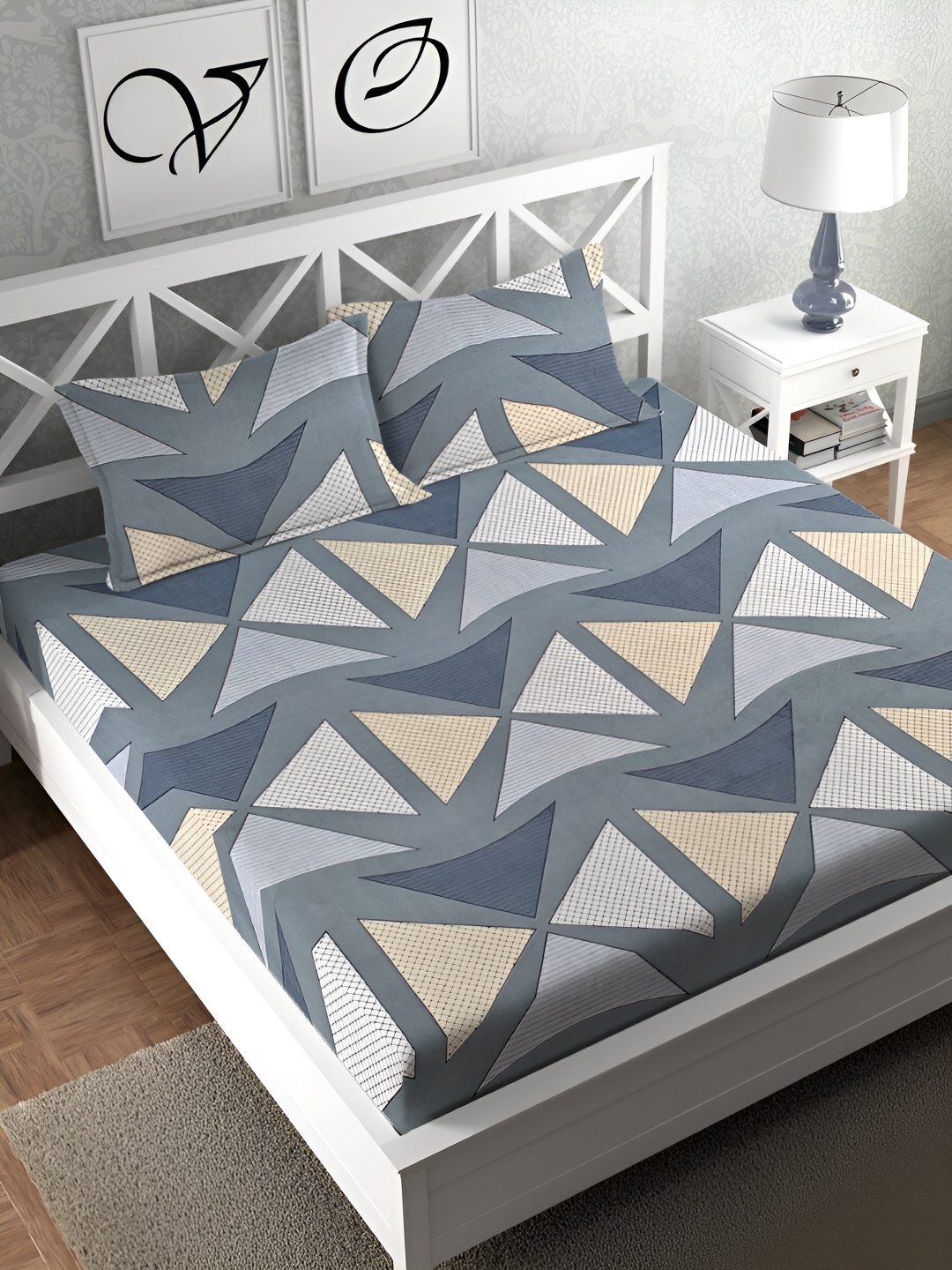 

CG HOMES Grey & Yellow Geometric Cotton 160 TC Queen Bedsheet with 2 Pillow Covers