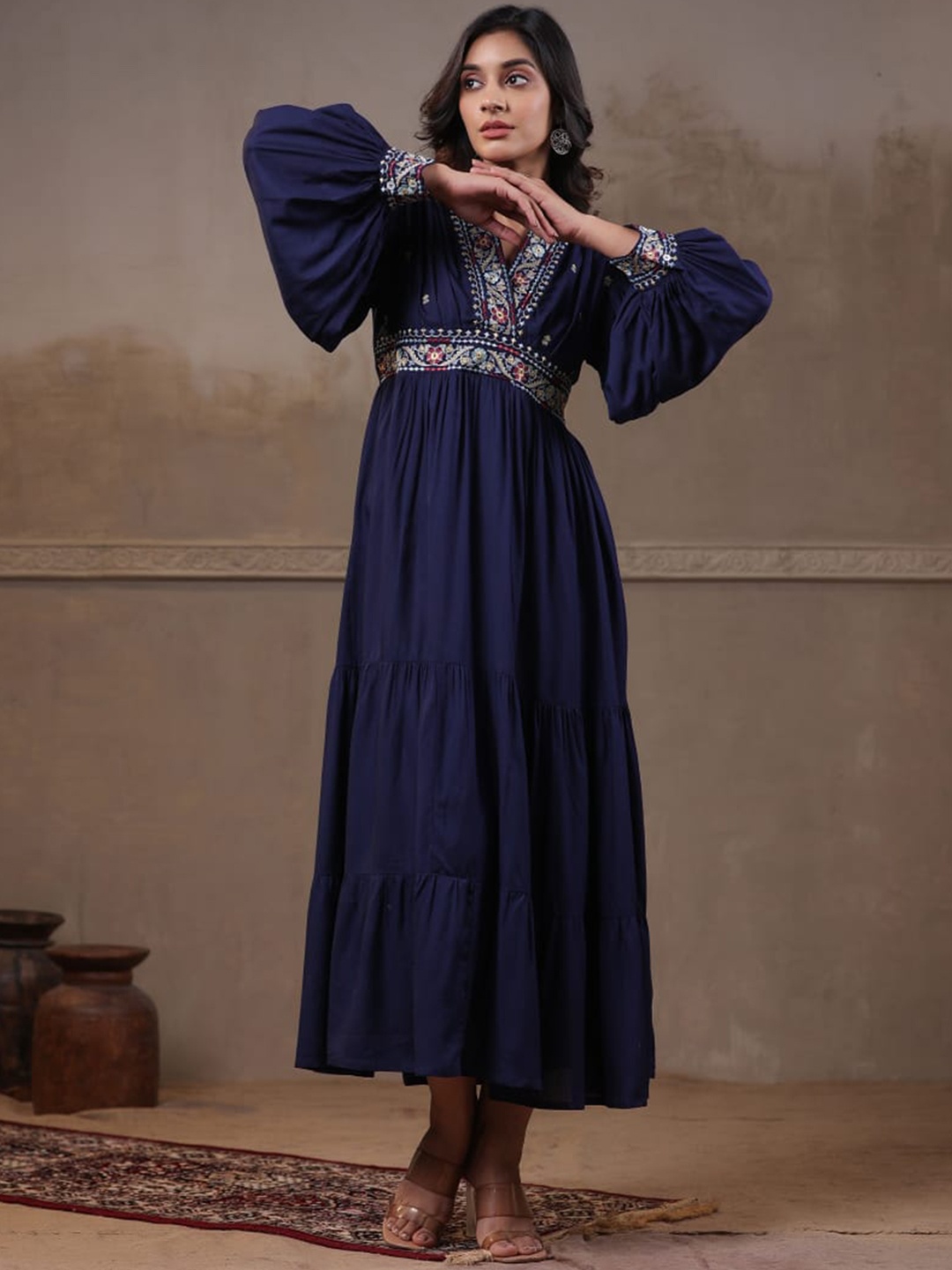 

Sangria Navy blue Floral Embroidered V-Neck Fit and Flare Dress