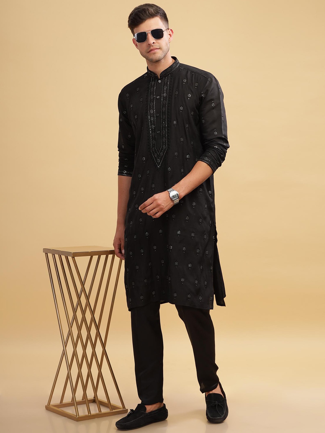 

Anouk Ethnic Motifs Embroidered Sequinned Straight Pure Cotton Kurta With Pyjamas, Black
