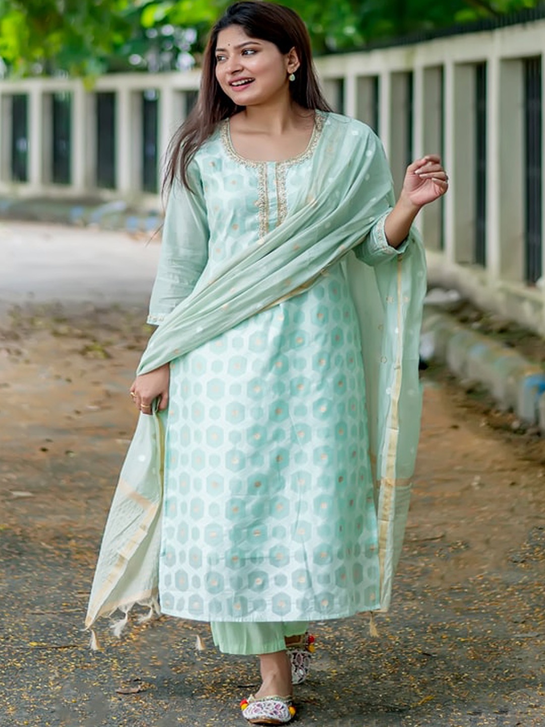 

Kandora Printed Regular Pure Cotton Kurta with Palazzos, Green