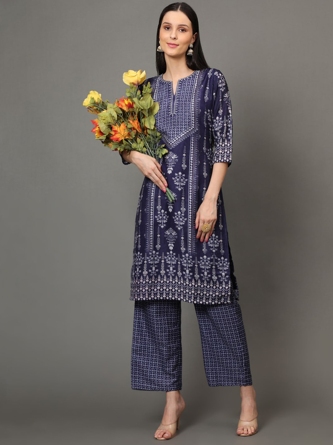 

Kandora Floral Printed Pure Cotton Kurta With Palazzo, Blue