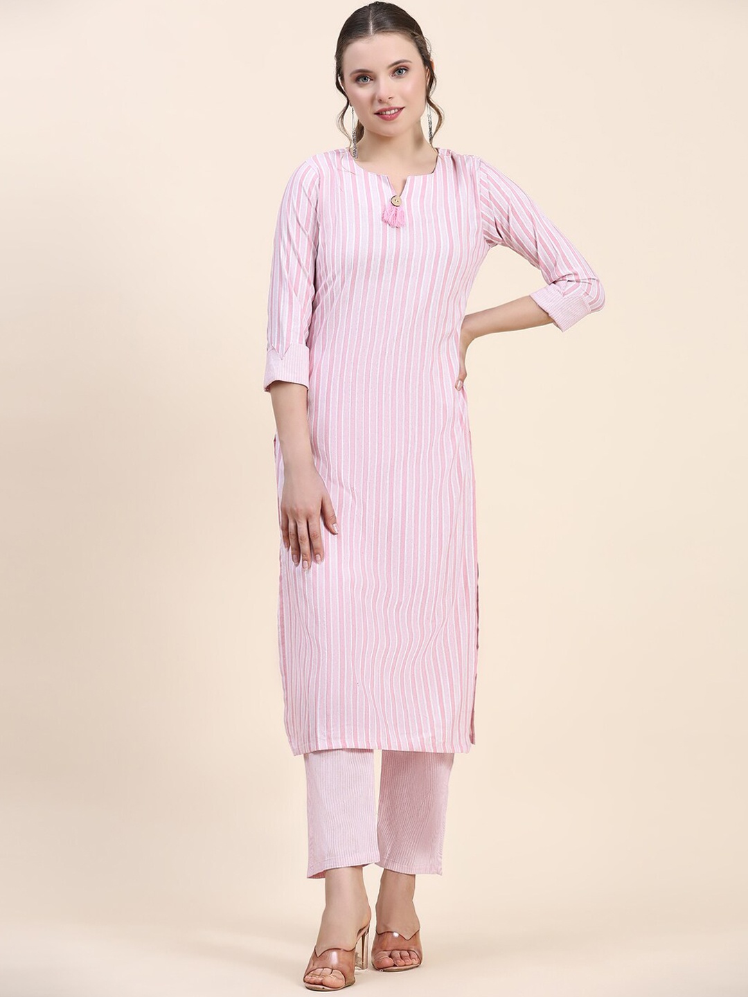 

Kandora Striped Regular Pure Cotton Kurta with Trousers, Pink