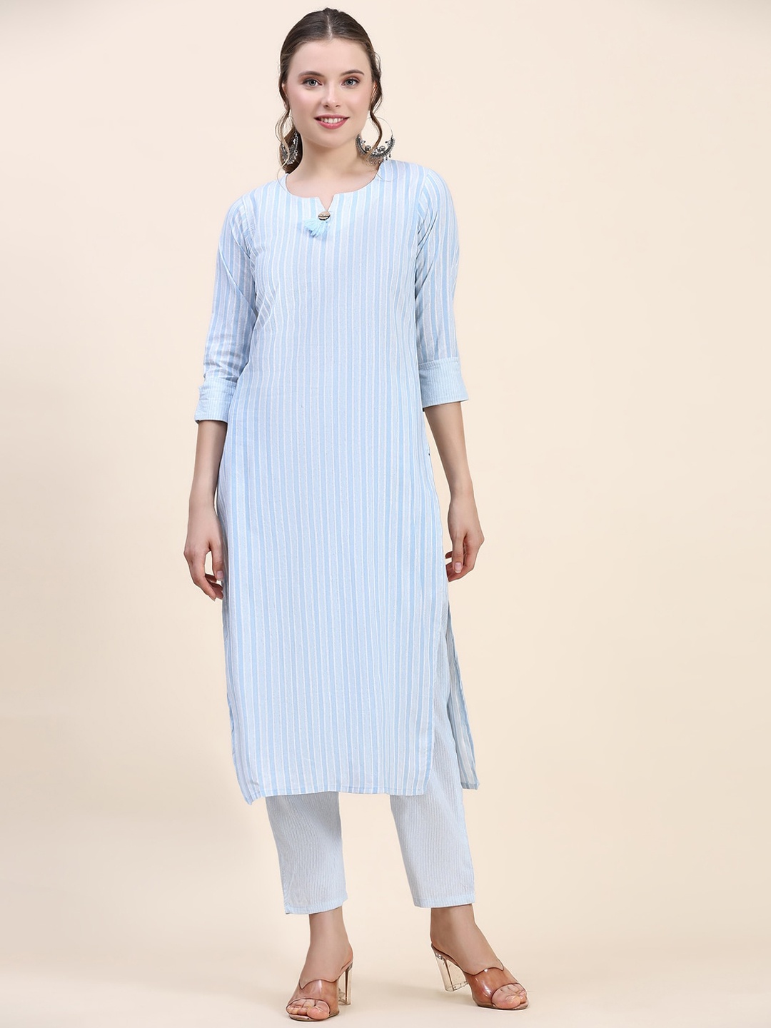 

Kandora Striped Pure Cotton Straight Kurta With Trouser, Blue