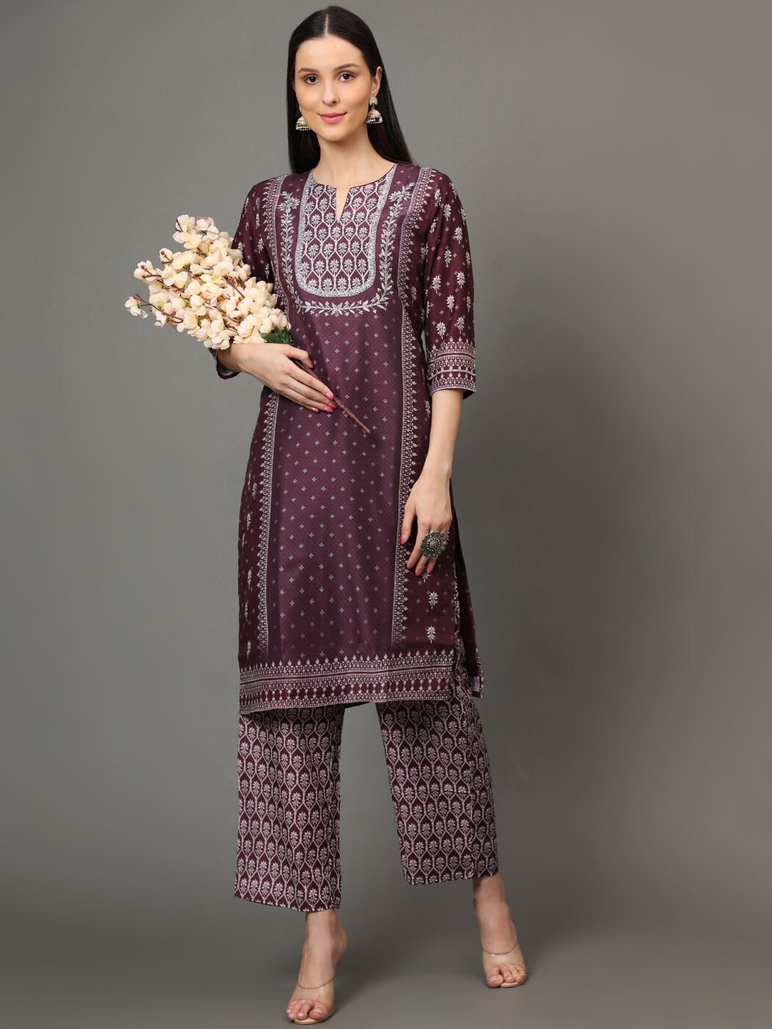 

Kandora Floral Printed Regular Pure Cotton Kurta with Palazzos, Maroon