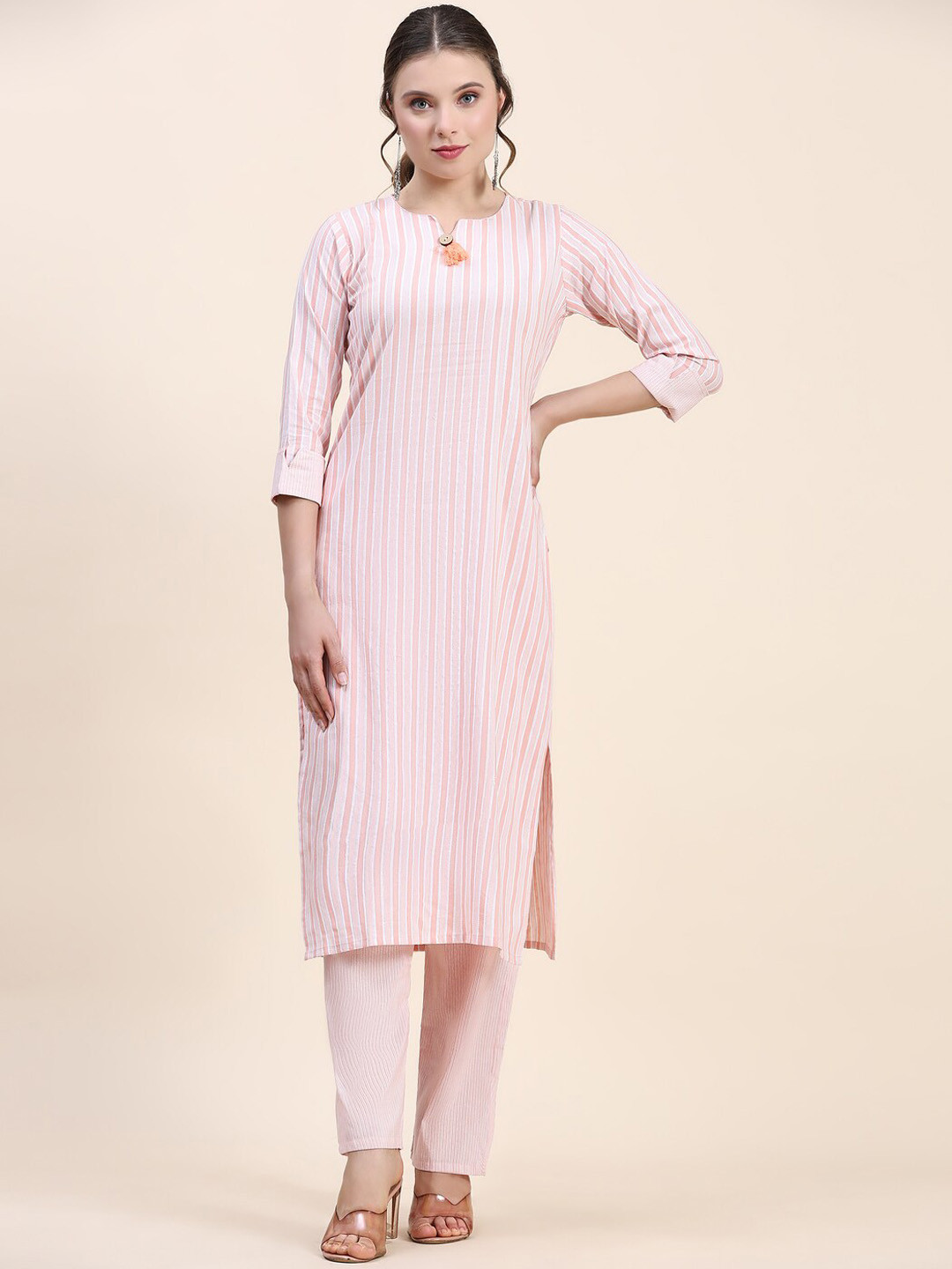 

Kandora Striped Regular Pure Cotton Kurta with Trousers, Peach