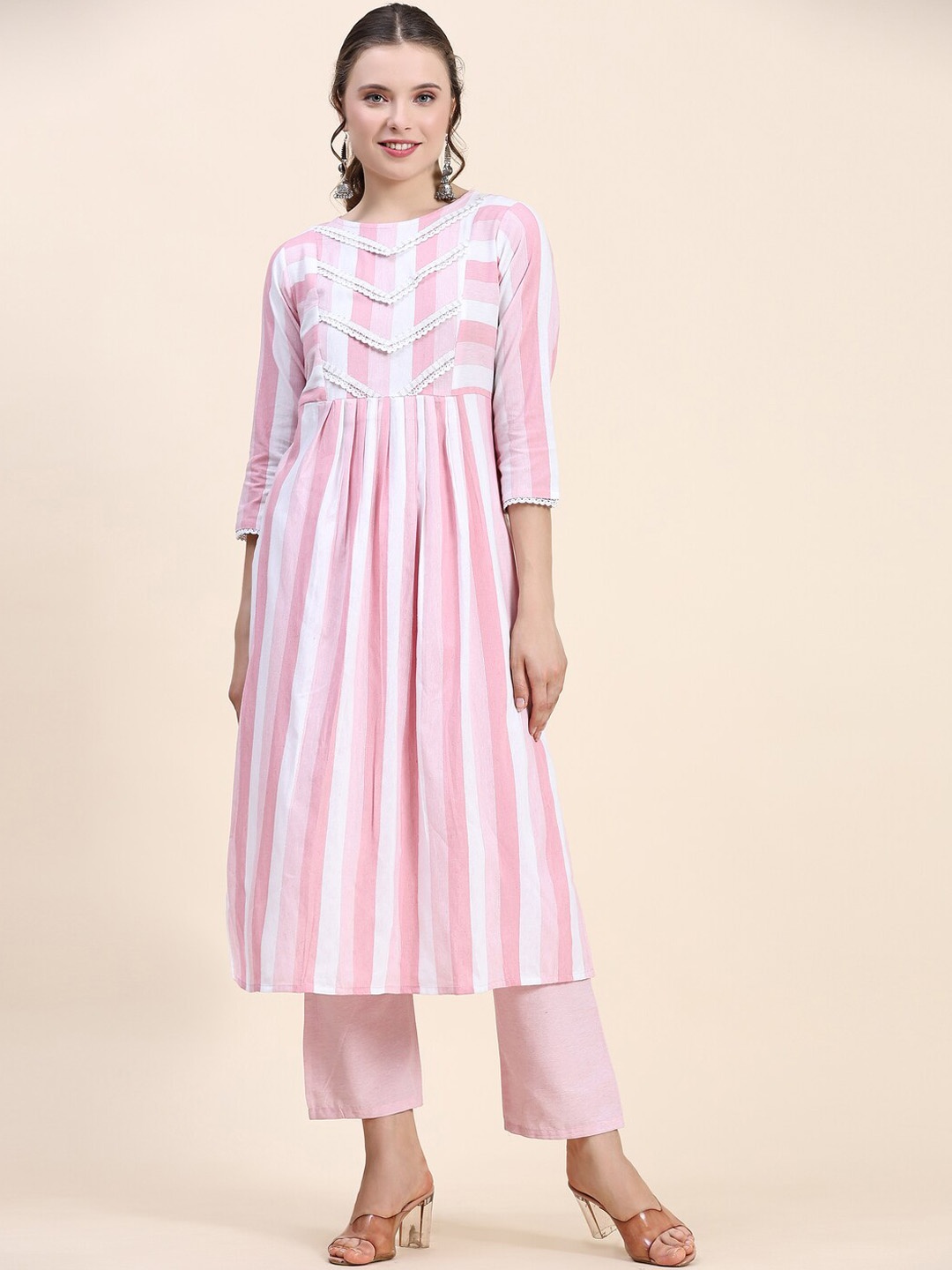 

Kandora Striped Pleated Pure Cotton Kurta with Trousers, Pink