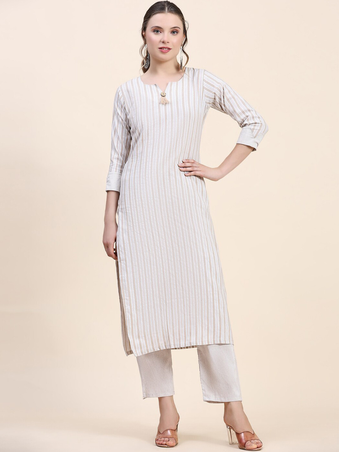 

Kandora Striped Regular Pure Cotton Kurta with Trousers, Grey