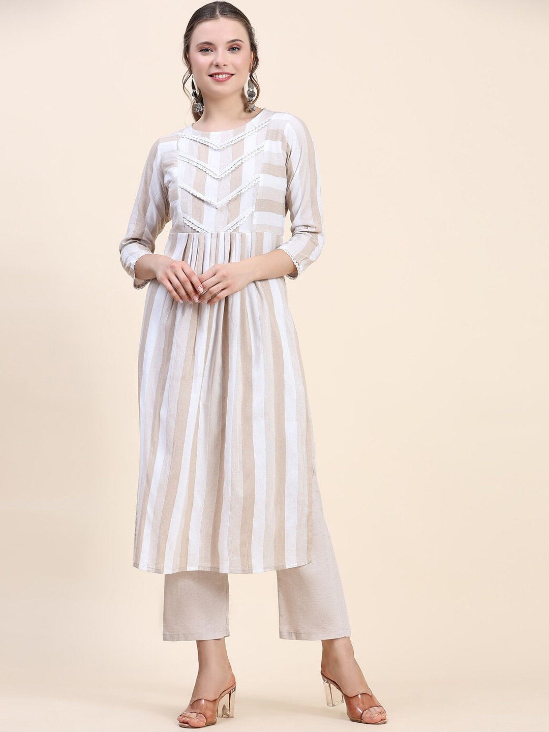 

Kandora Striped Pure Cotton Kurta With Trouser, Beige