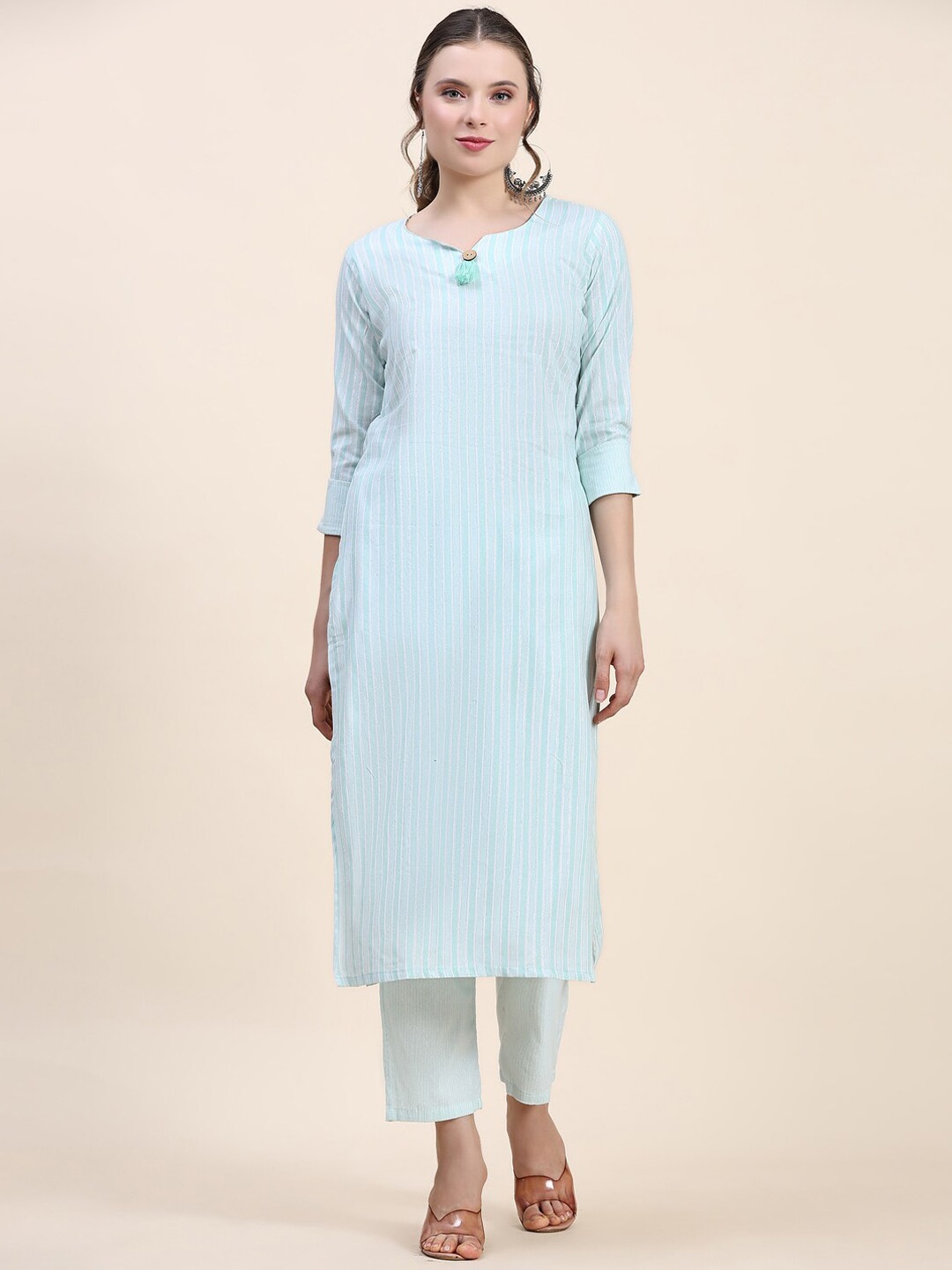 

Kandora Striped Regular Pure Cotton Kurta with Trousers, Sea green