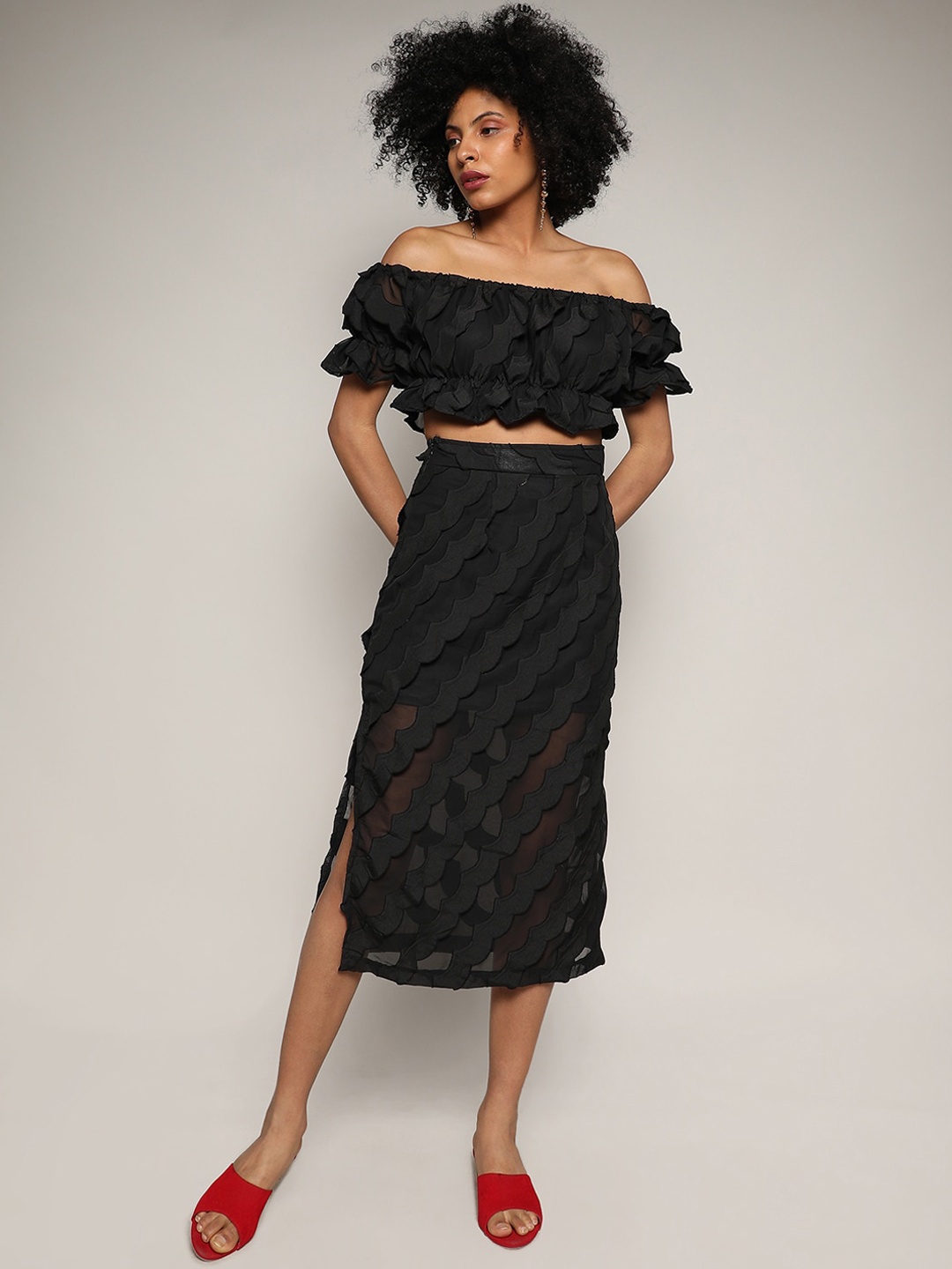 

Campus Sutra Sheer Self Design Off Shoulder Bardot Crop Top With Skirt, Black