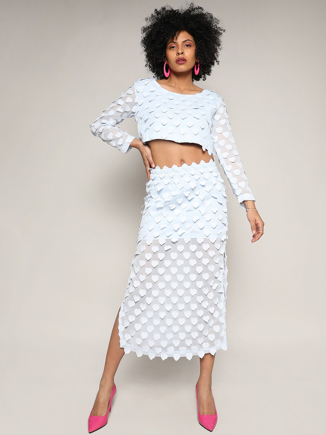 

Campus Sutra Blue Self Design Long Sleeves Top With Skirt