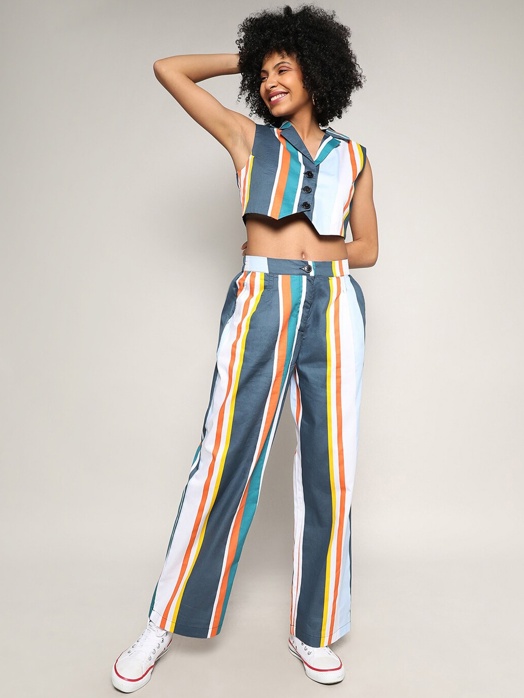 

Campus Sutra Notched Collar Striped Cropped Co-Ords Set, White