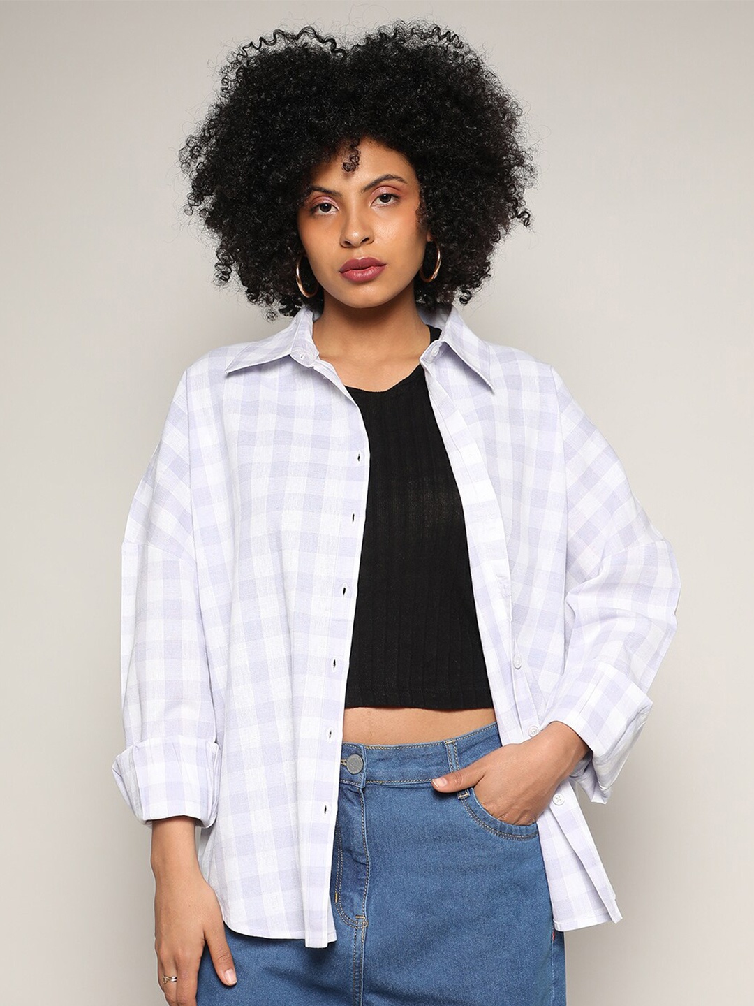 

Campus Sutra Spread Collar Long Sleeves Modern Boxy Checked Casual Cotton Shirt, Purple
